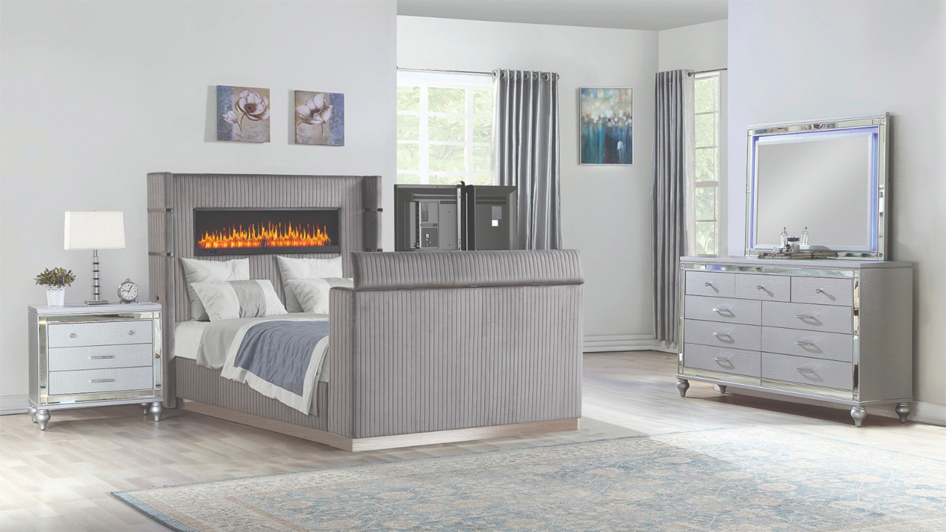 Lavish Modern Style 4 Pc King Bedroom Set Made with Fireplace in Headboard & TV stand in Footboard with Wood in Grey(CA INVENTORY)