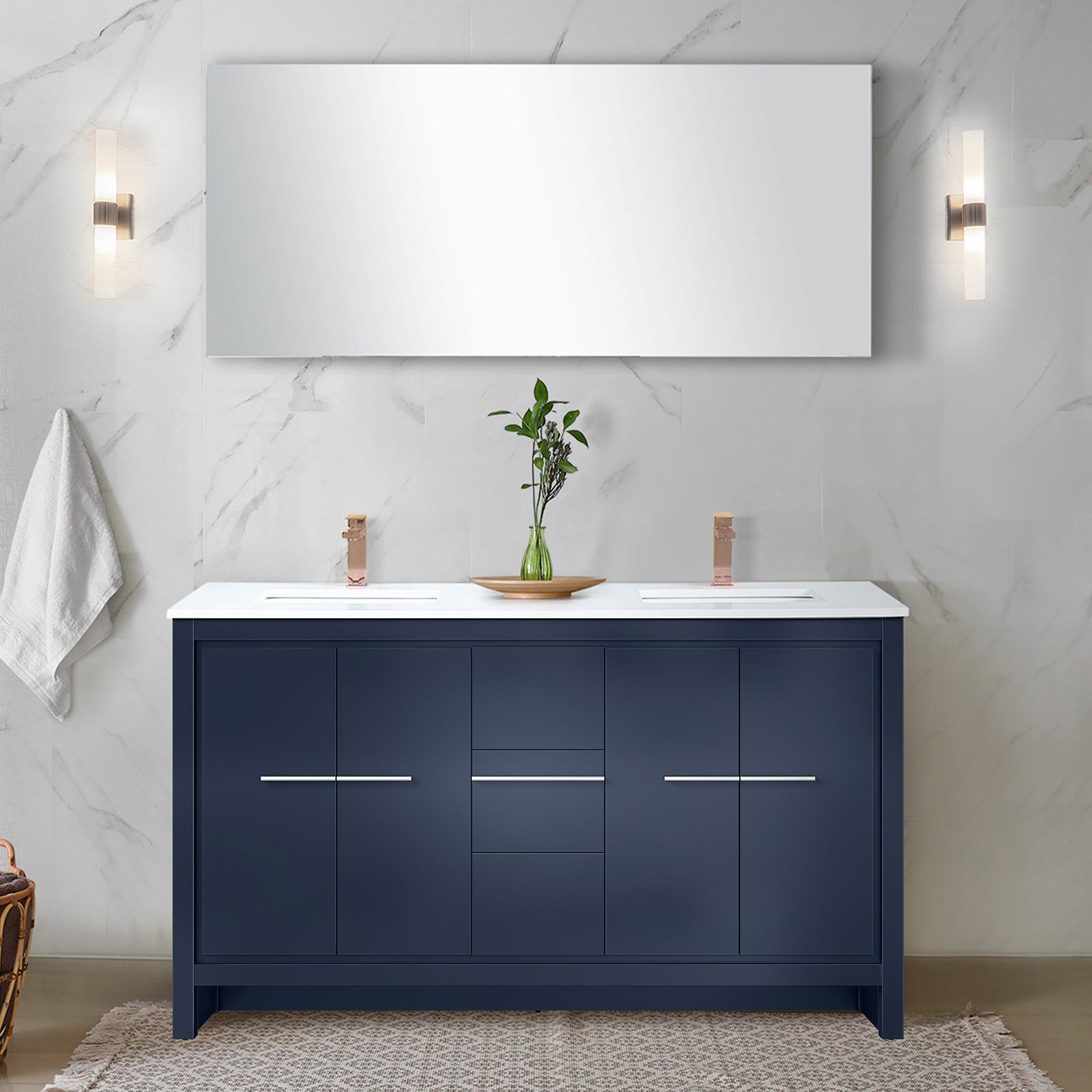 Navy Blue Double Bath Vanity 60 in. W x 20 in. D, White Quartz Top and Rose Gold Faucet Set