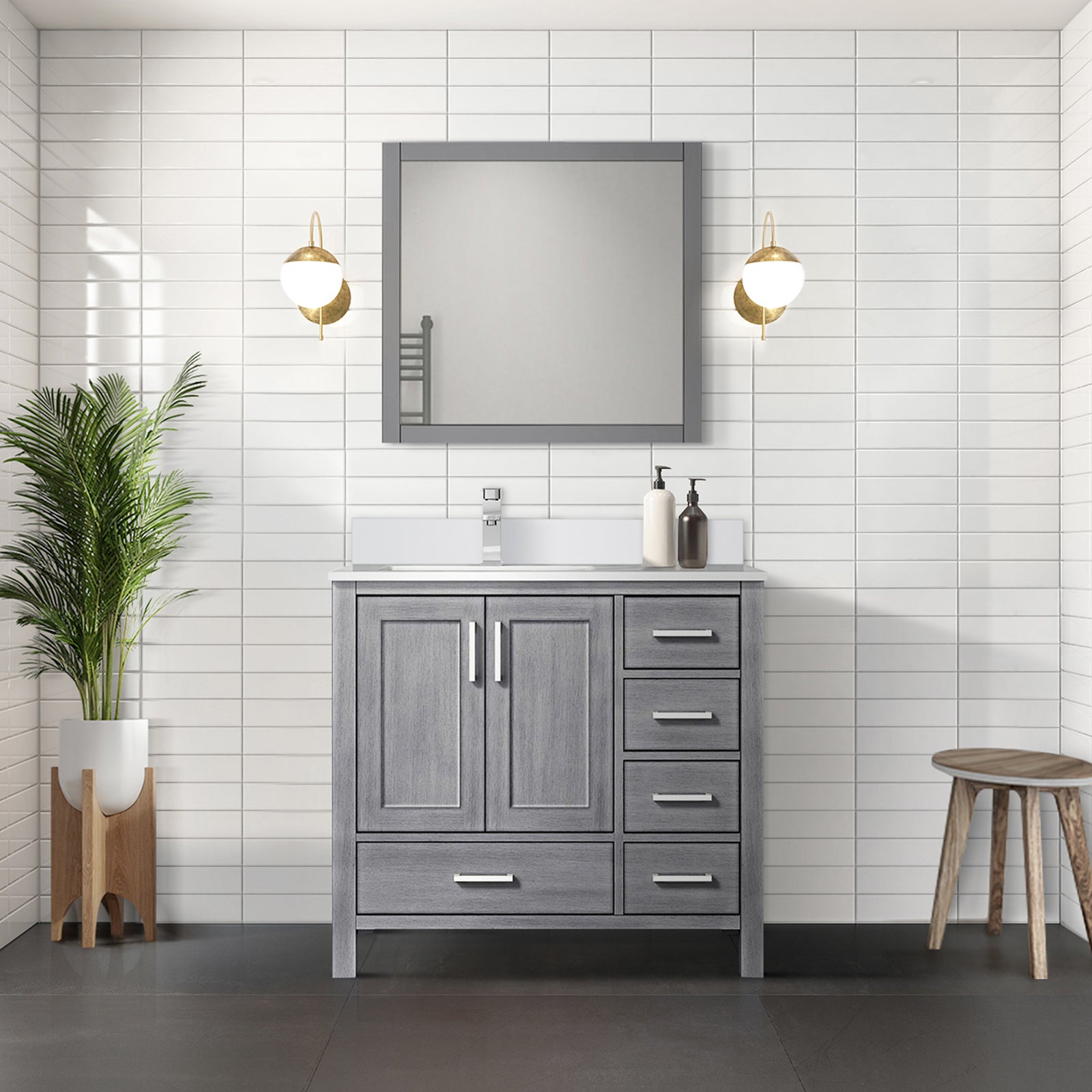Distressed Grey Bath Vanity 36 in. W x 22 in. D, Left Offset and Cultured Marble Top