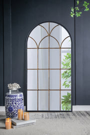 34x65.5' Arched Full-Length Mirror with Black and Gold Windowpane Design