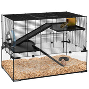 PawHut Hamster Cage, 31' Gerbil Cage with Glass Basin, Ramps, Platforms, Hut, Exercise Wheel, for Small Hamsters, Black