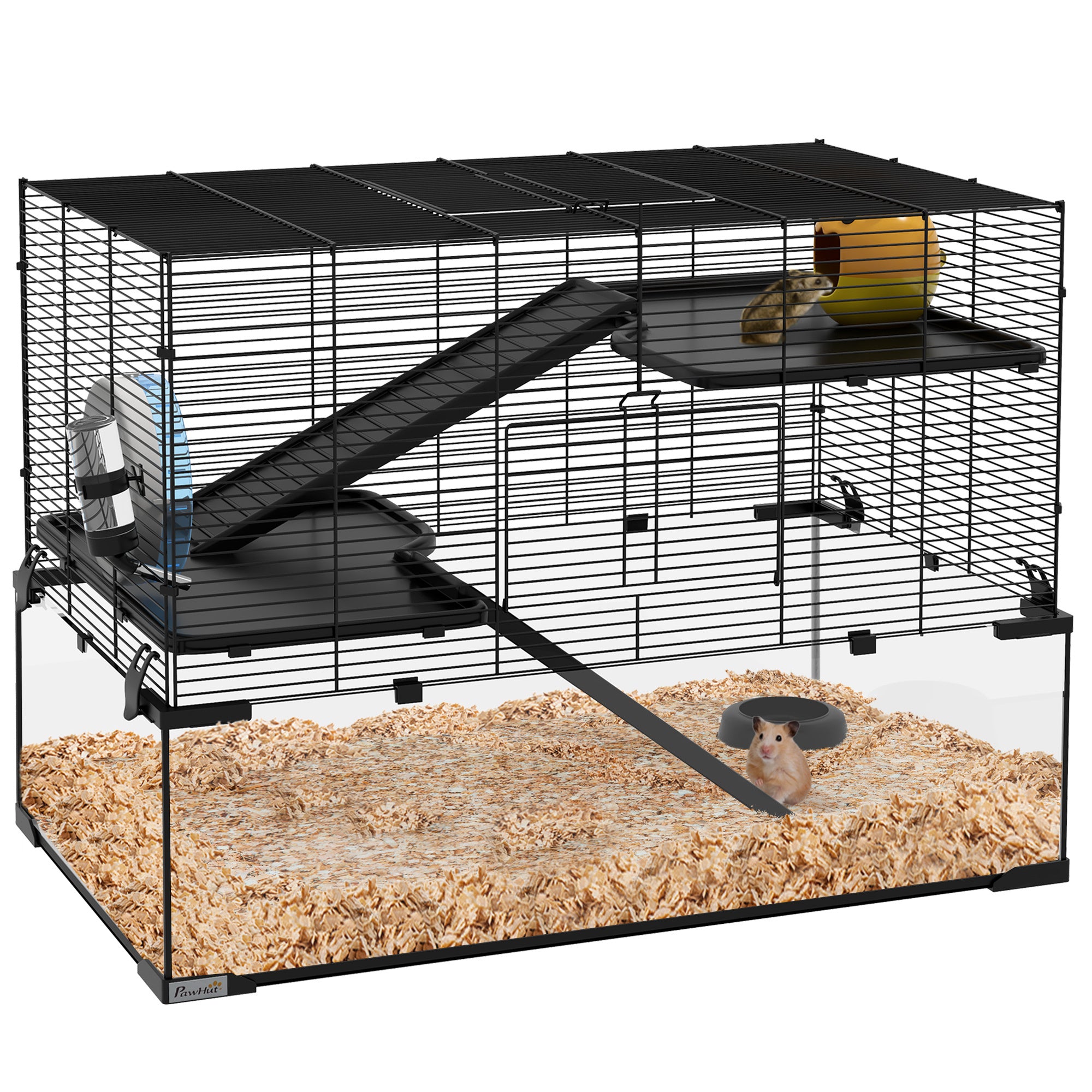 PawHut Hamster Cage, 31' Gerbil Cage with Glass Basin, Ramps, Platforms, Hut, Exercise Wheel, for Small Hamsters, Black