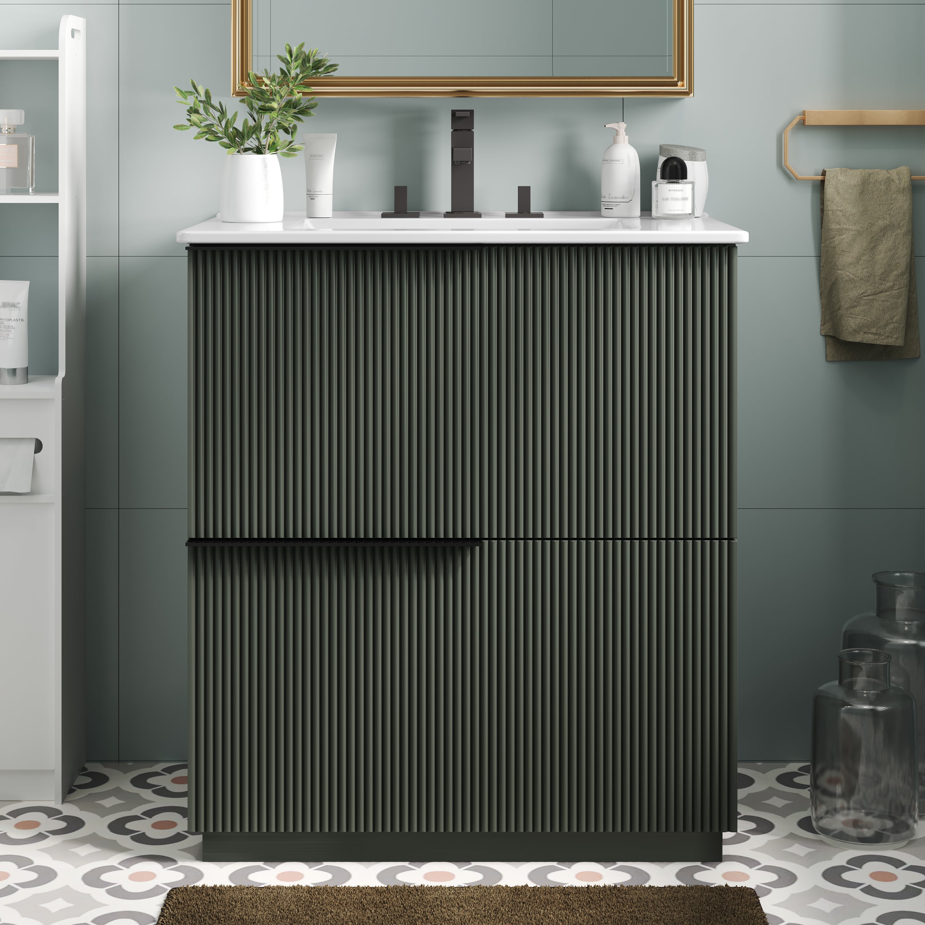30' Bathroom Vanity with Ceramic Sink and Full-Extension Drawers, Soft Close Undermount Drawer Slides,  Fluted Design, Green