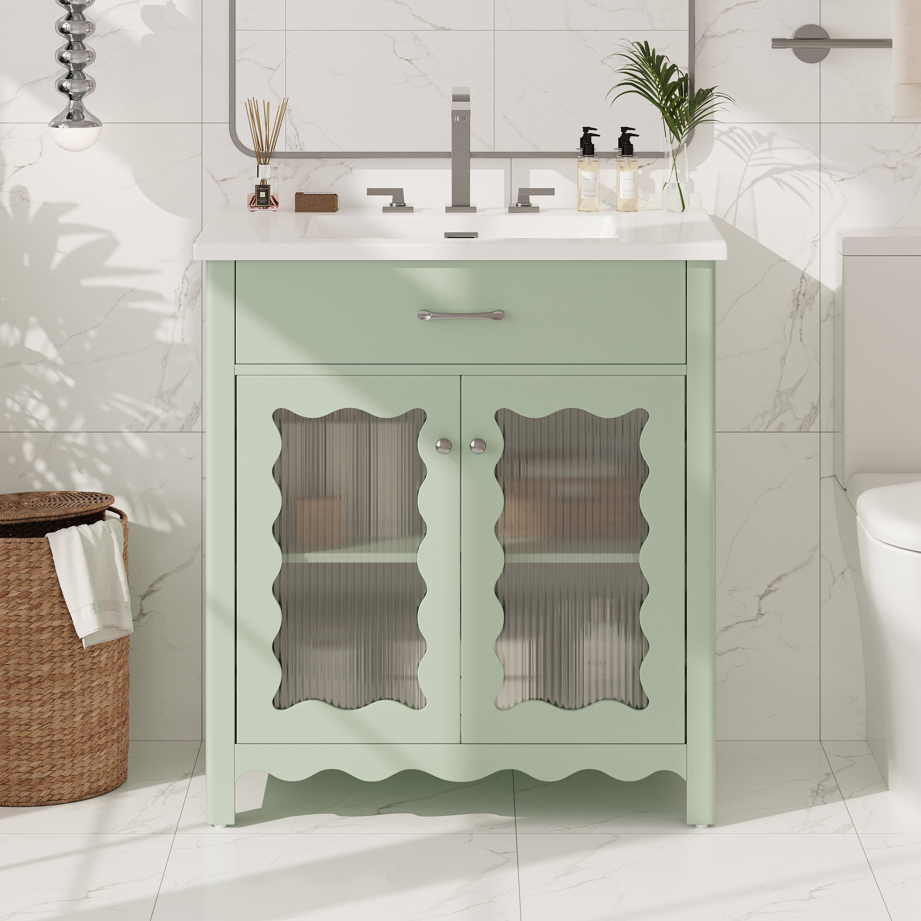 31' Bathroom Vanity with Tempered Glass, Modern Bathroom Cabinet with Rubber Wood legs and Soft close Doors, Green