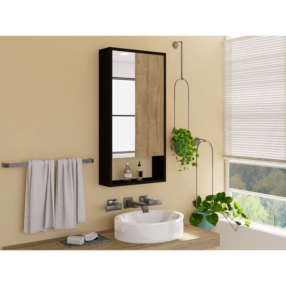 Medicine Single Door Cabinet 35' H, Two Interior Shelves, One External Shelf, Black