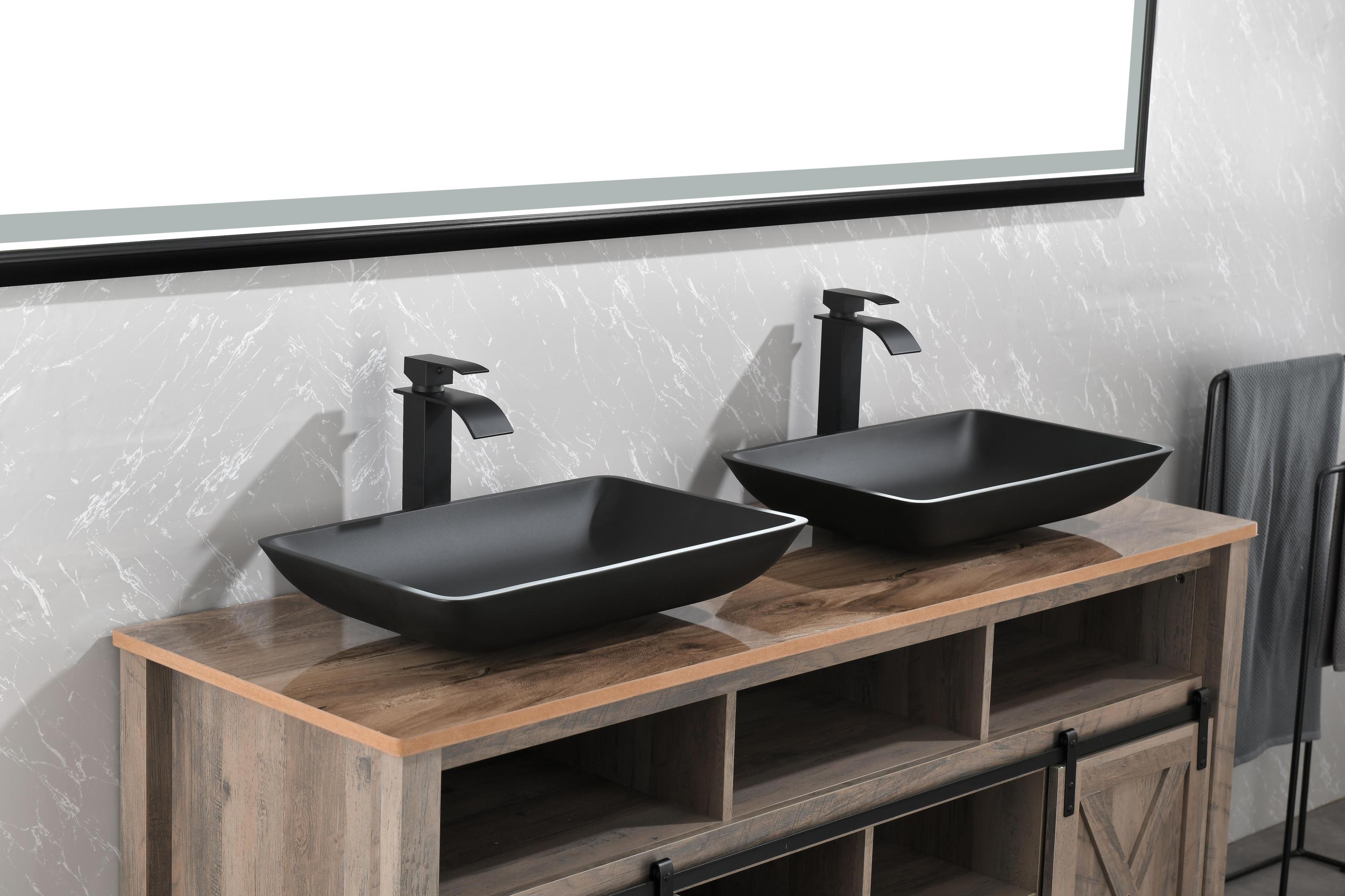 14.38' L -22.25' W -4-3/8 in. H Matte Shell  Glass Rectangular Vessel Bathroom Sink in Black with  Faucet and Pop-Up Drain in Matte Black