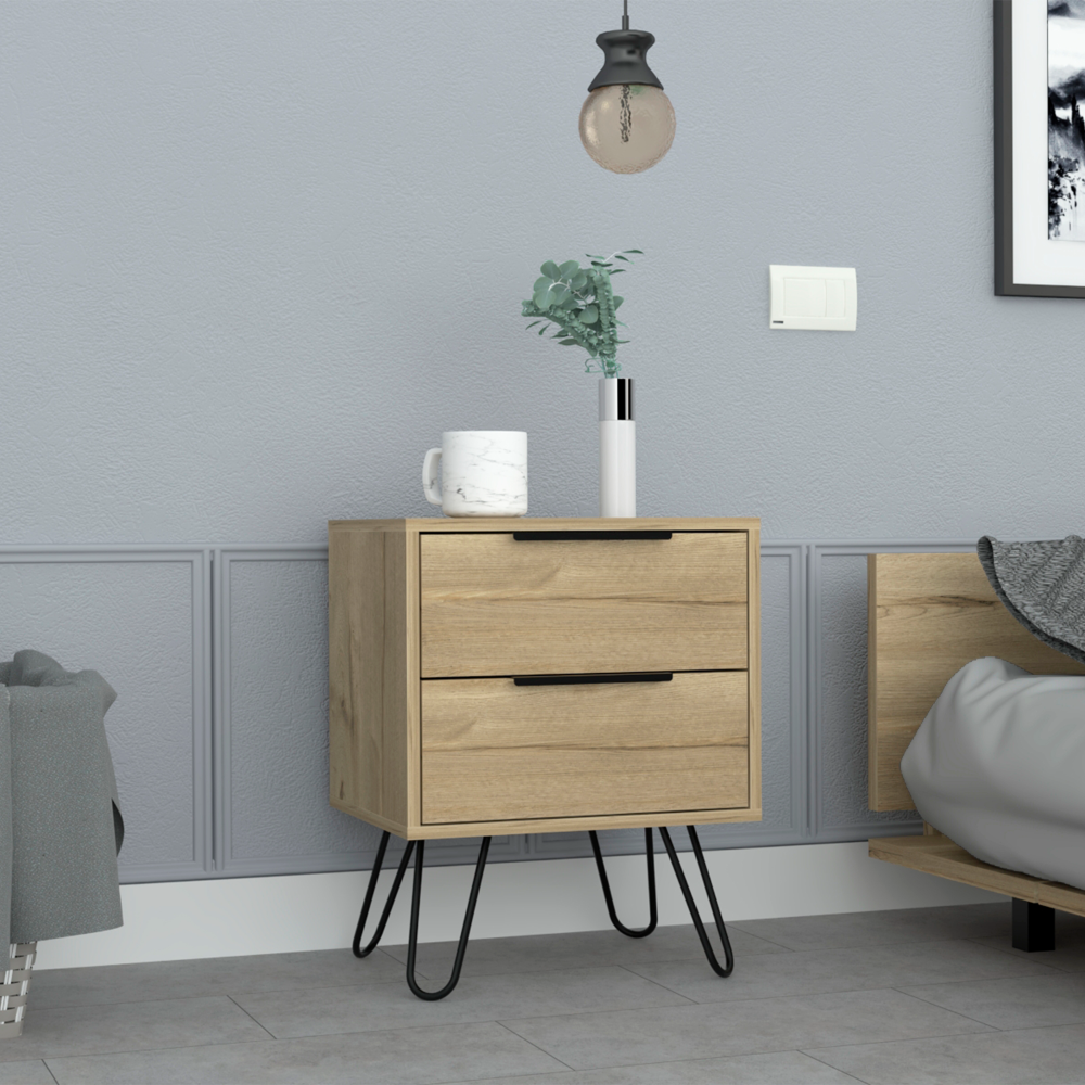 Nightstand 22' H, Four hairpin legs, Two Drawers, Light Oak