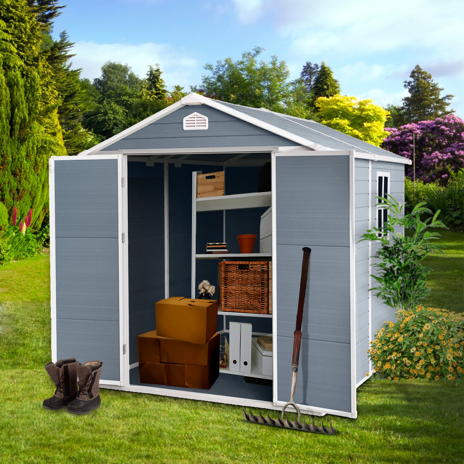 6 ft x 8 ft Resin Outdoor Storage, Plastic Garden Sheds with Floor and Lockable Door for Backyard, Lawn, Grey W540S00052)(W540S00021)