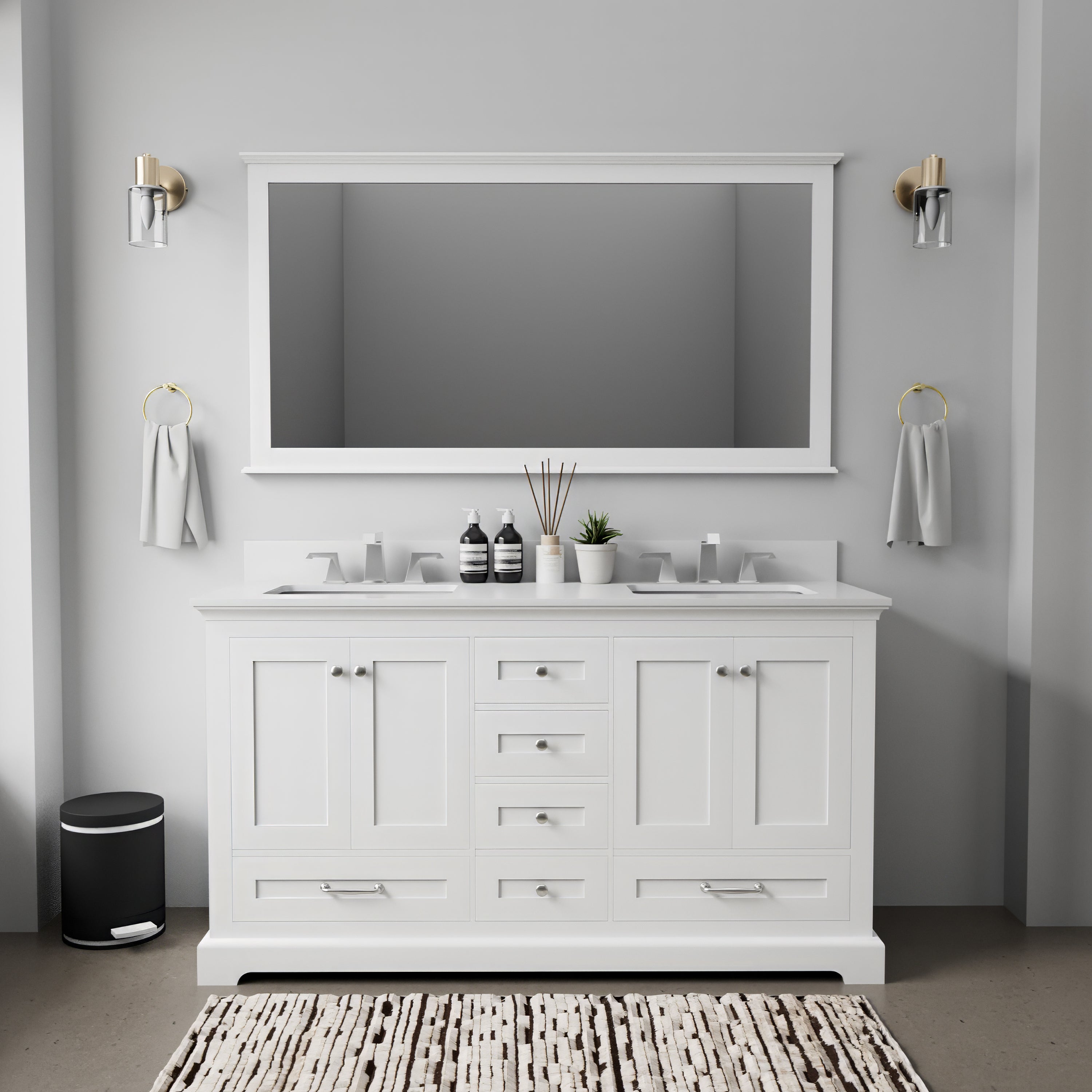 White Double Bath Vanity 60 in. W x 22 in. D, with Cultured Marble Top