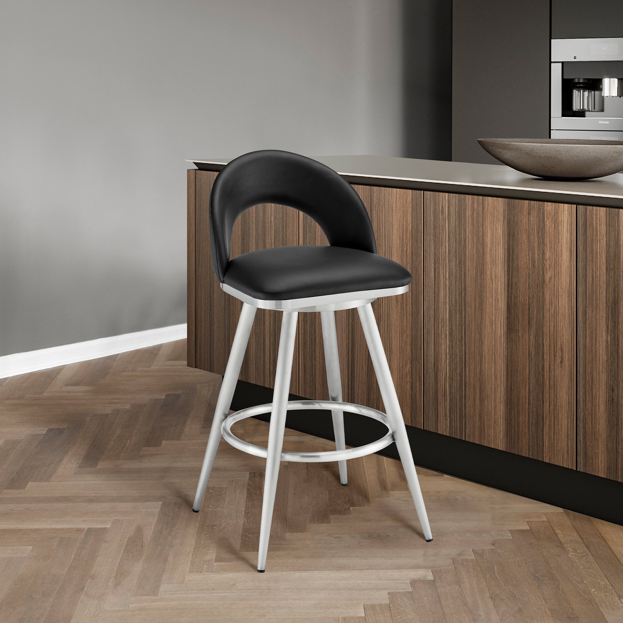 Charlotte 26' Swivel Counter Stool in Brushed Stainless Steel and Black Faux Leather