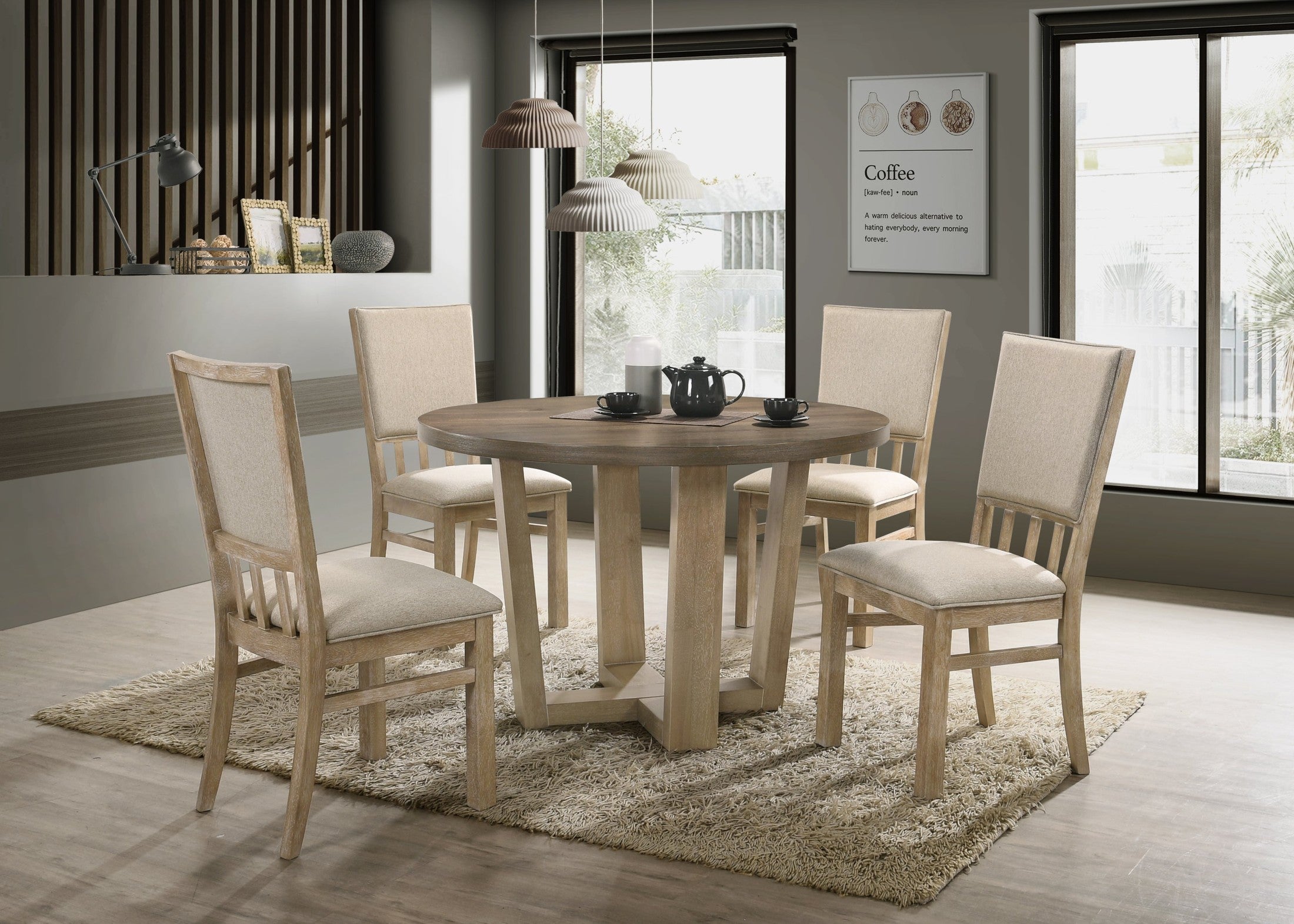 Brutus Vintage Walnut 5 Piece 47' Wide Contemporary Round Dining Table Set with Wheat Colored Fabric Chairs