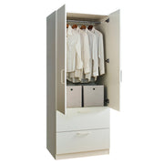 Emma Two-Door Wood Closet with Two Drawers and Hanging Bars in White Solid Wood