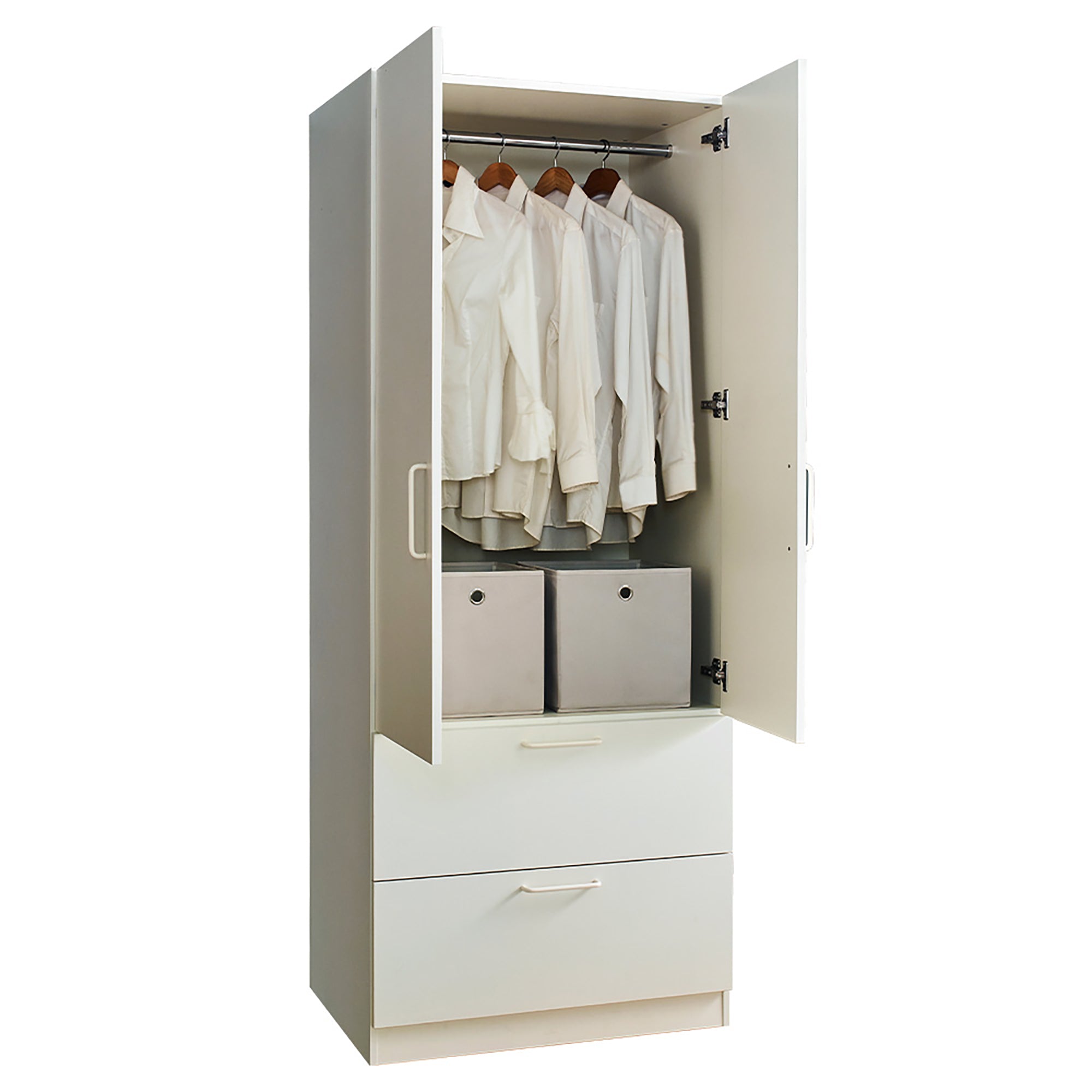 Emma Two-Door Wood Closet with Two Drawers and Hanging Bars in White Solid Wood