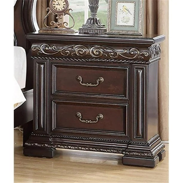 Traditional Bedroom Furniture 2 Drawer Nightstand, Solid Wood Carvings Bedside Table, Dark Cherry