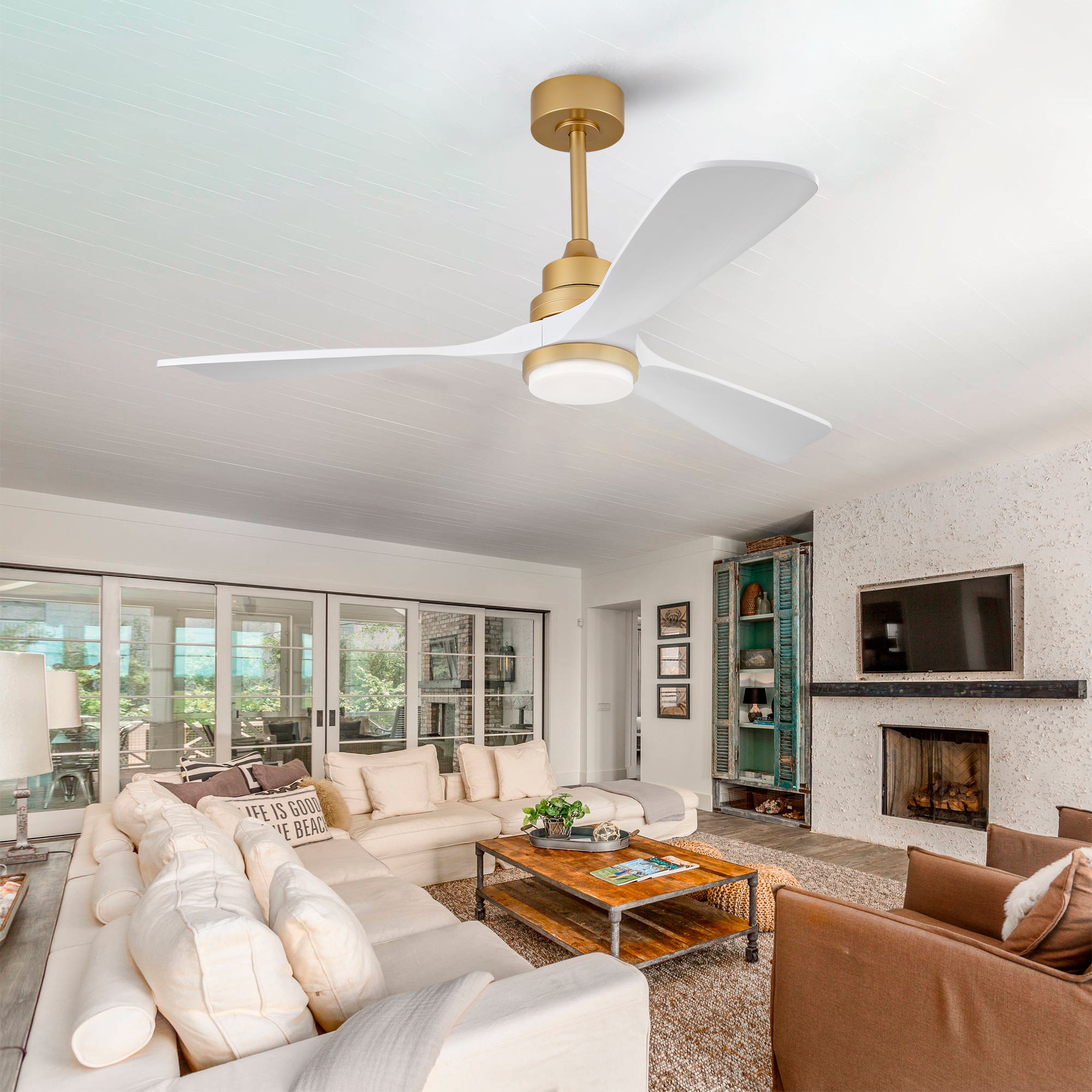 Hot sales 52 Inch Indoor Ceiling Fan With Dimmable LED Light 3 Solid Wood Blades Remote Control Reversible DC Motor