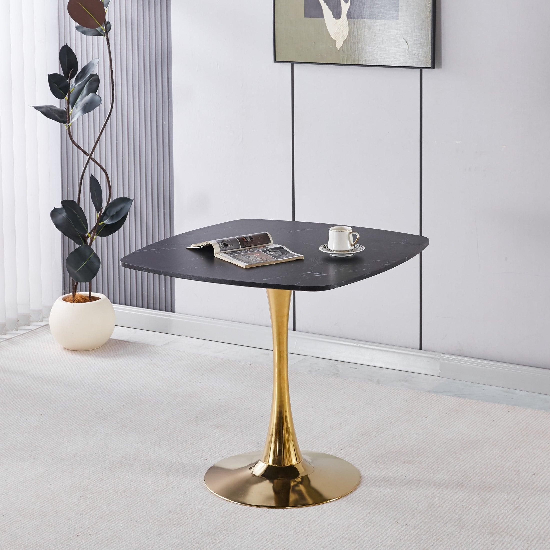 Square Dining Table 31.5 Inch, Mid-Century Modern Kitchen Table for 2-4 Person, Black and Golden Tulip Pedestal Base with MDF Tabletop for Small Space, Apartment, Breakfast Nook