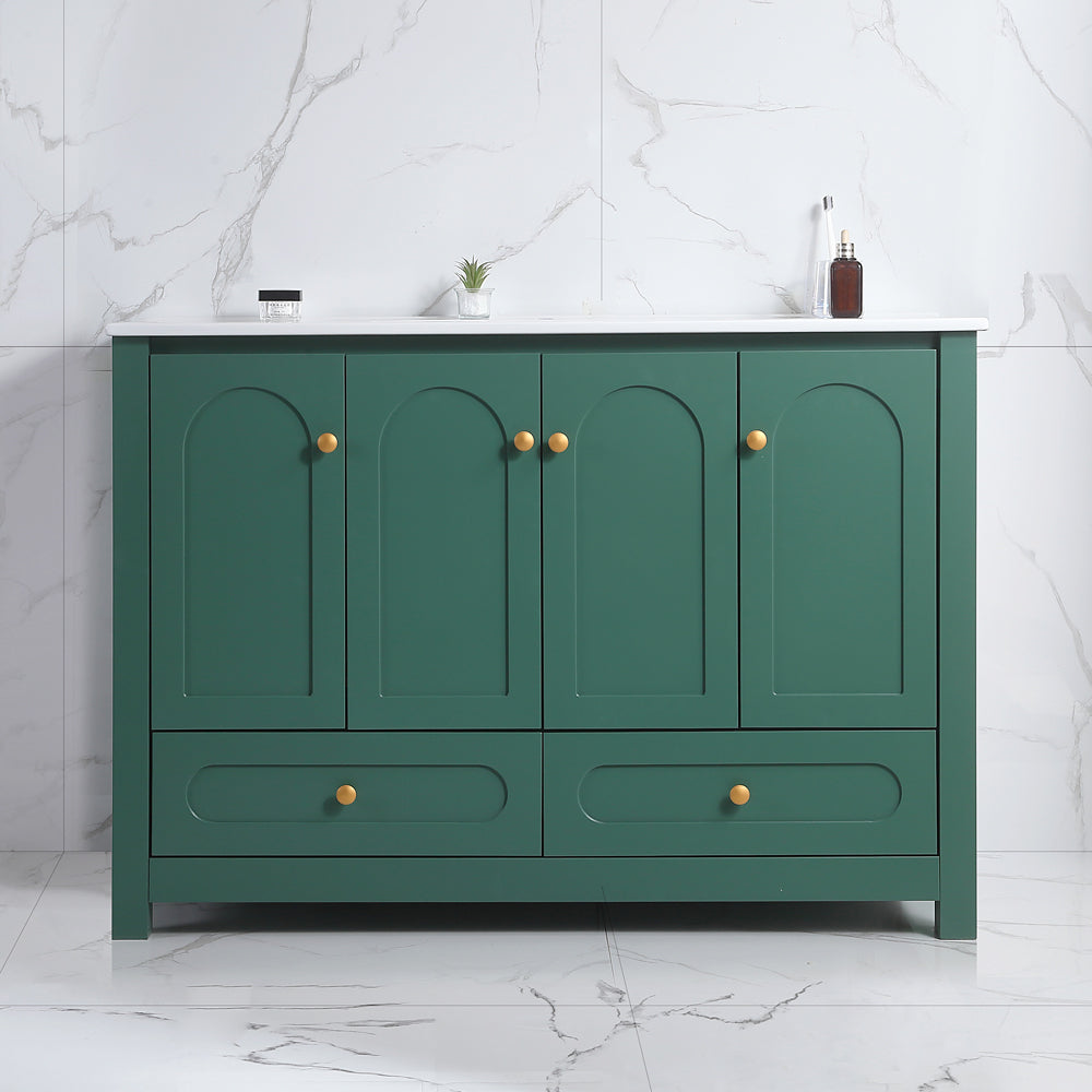 48' Green Bathroom Vanity with Ceramic Sink Combo, Abundant Storage Cabinet -4 Soft close doors and 2drawers