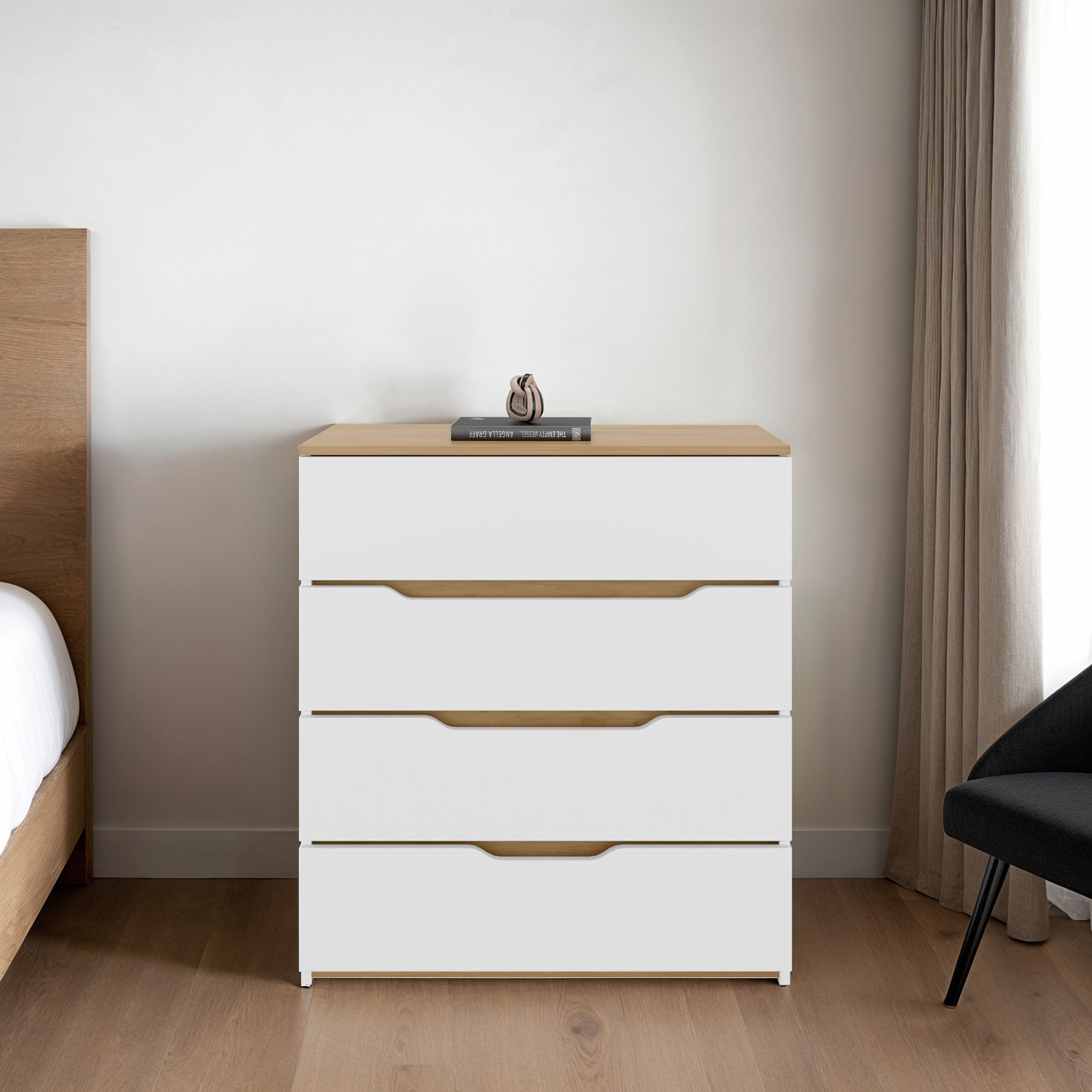 Drawer Dresser 35'H, Four Drawers, Superior Top, White / Light Oak