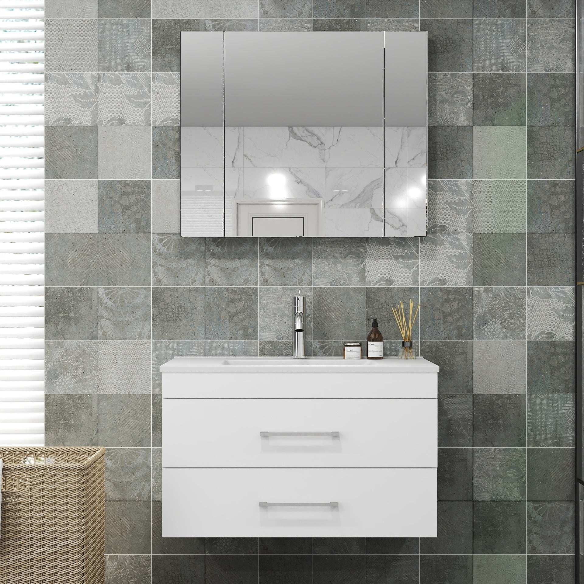 32-Inch White Gloss Wall-Mounted Bathroom Vanity with Double Drawers, Soft-Close System,Ceramic Sink, Create a Modern and Minimalist Bathroom Space!