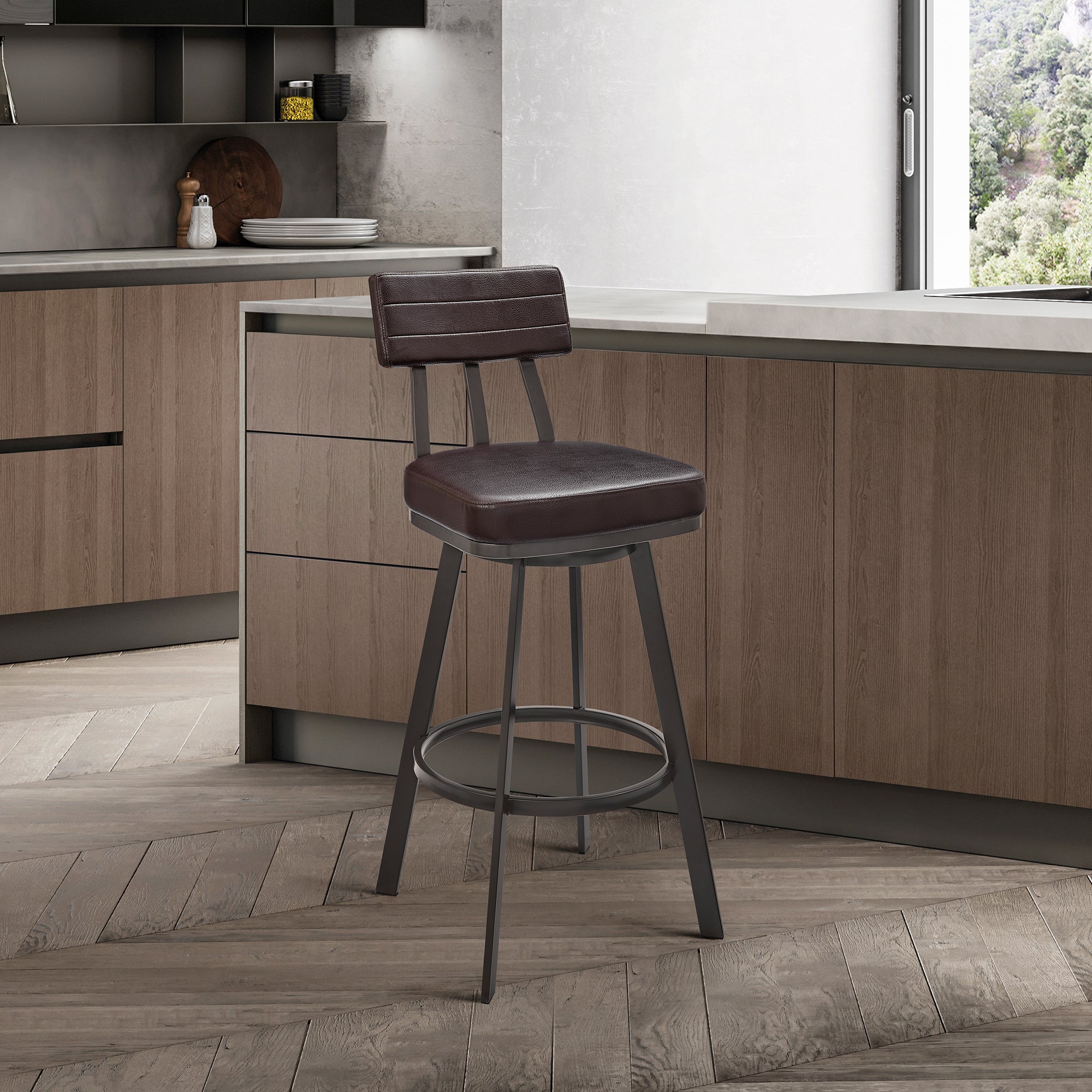 Benjamin Swivel Bar Stool in Brown Metal with Brown Faux Leather