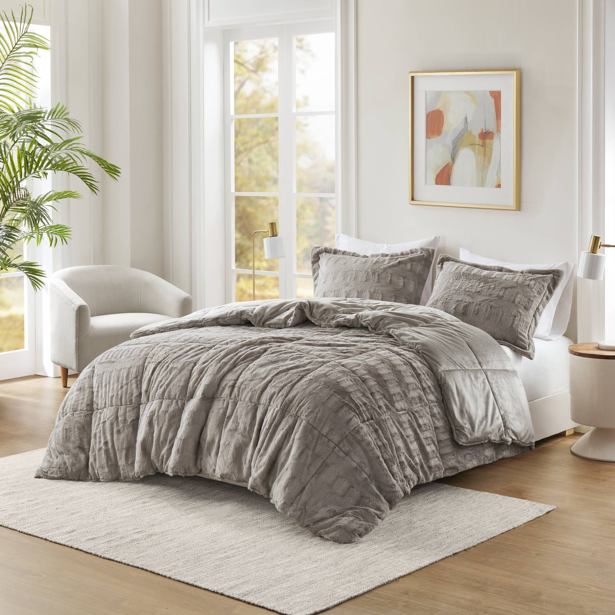 2 PCS Twin/Twin XL Solid Faux Fur Comforter Mini Set Gray