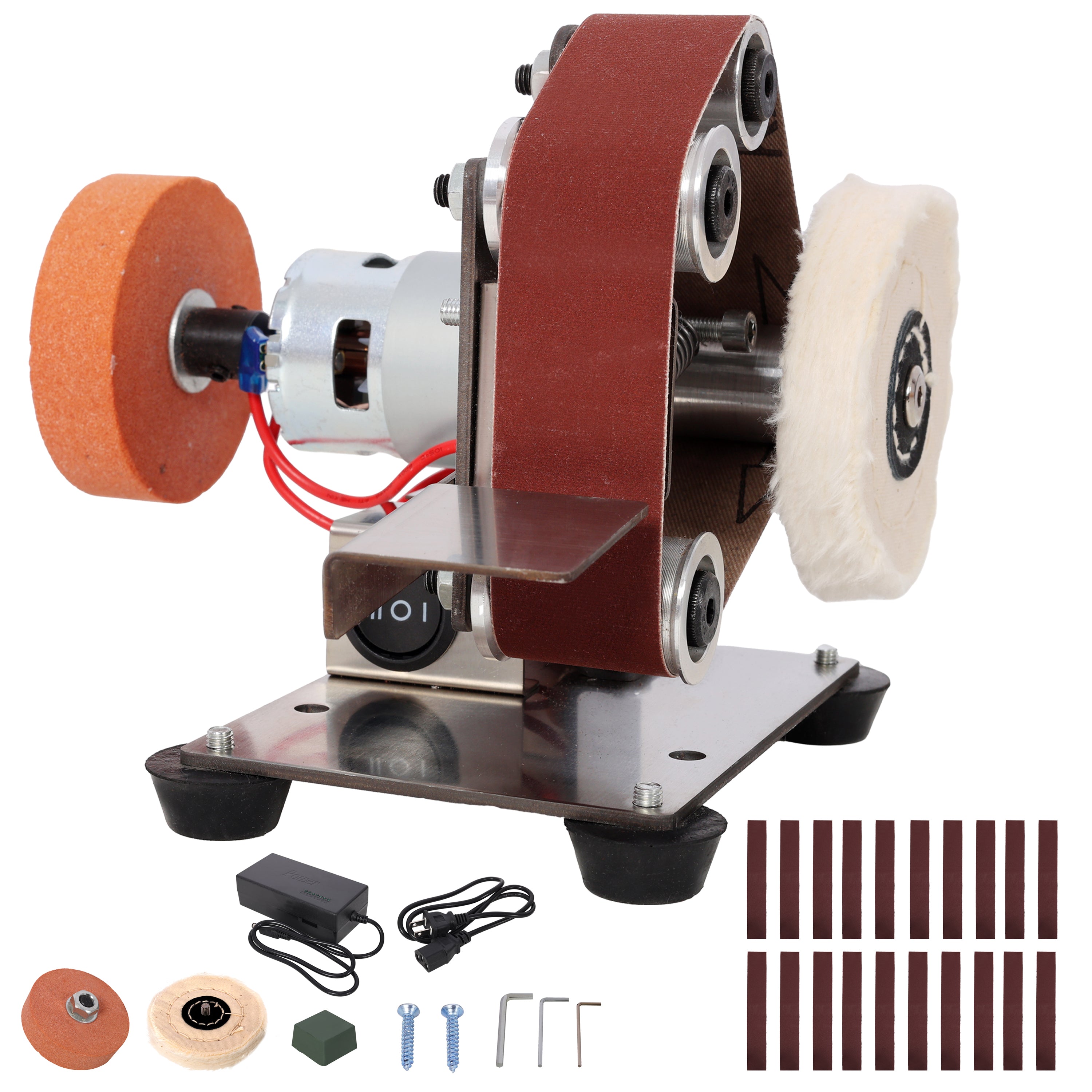 Mini Electric Belt-Sander Knife-Sharpener Sanding Machine 96W, Small Bench Grinder Kit 7 Speed Adjustable Power Polisher DIY Polishing Grinding Tool, Handcraft Jewelry