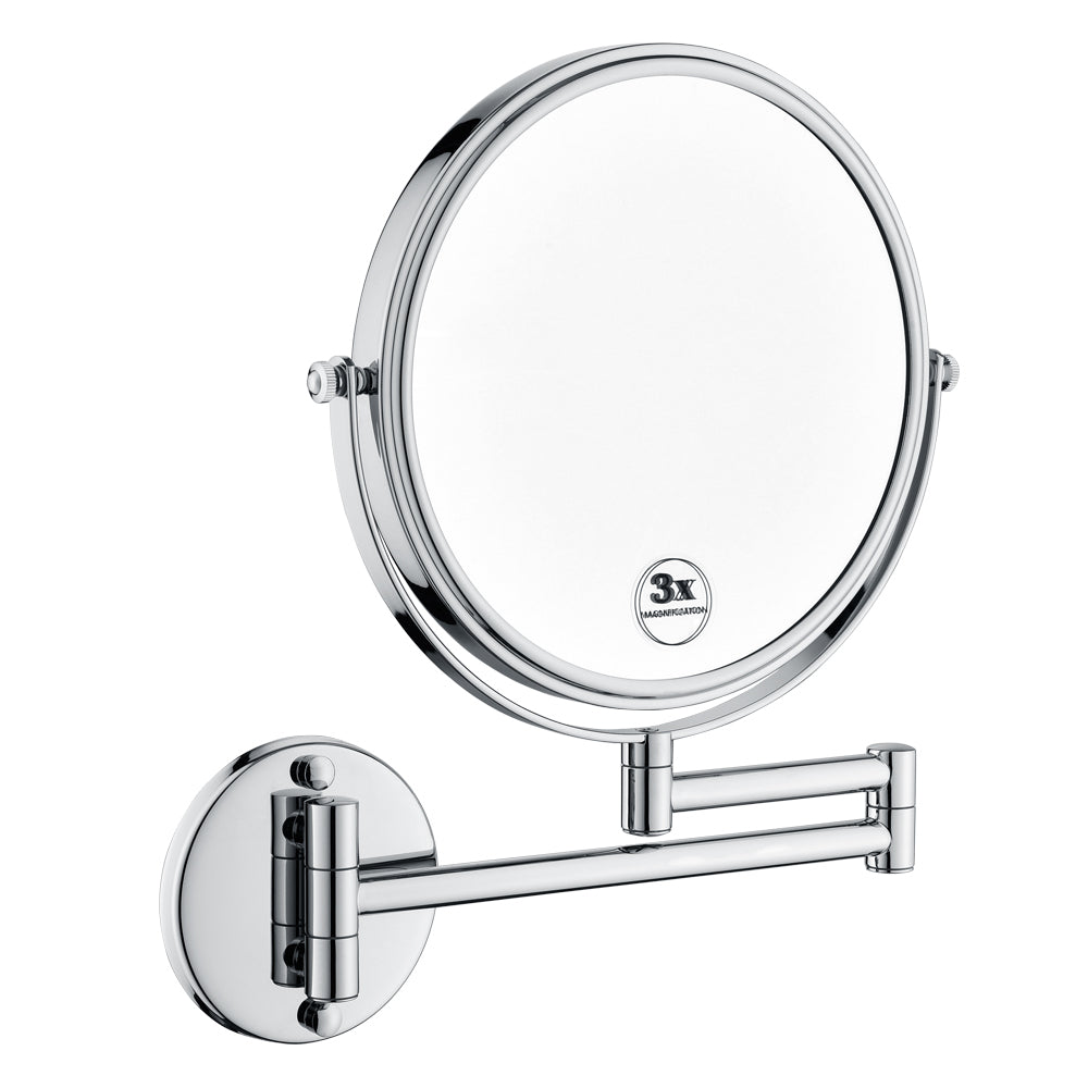 8 Inch LED Wall Mount Two-Sided Magnifying Makeup Vanity Mirror, 12 Inch Extension Chrome Finish, 1X/3X Magnification, 360 Degree Rotation, Waterproof Button Shaving Mirror