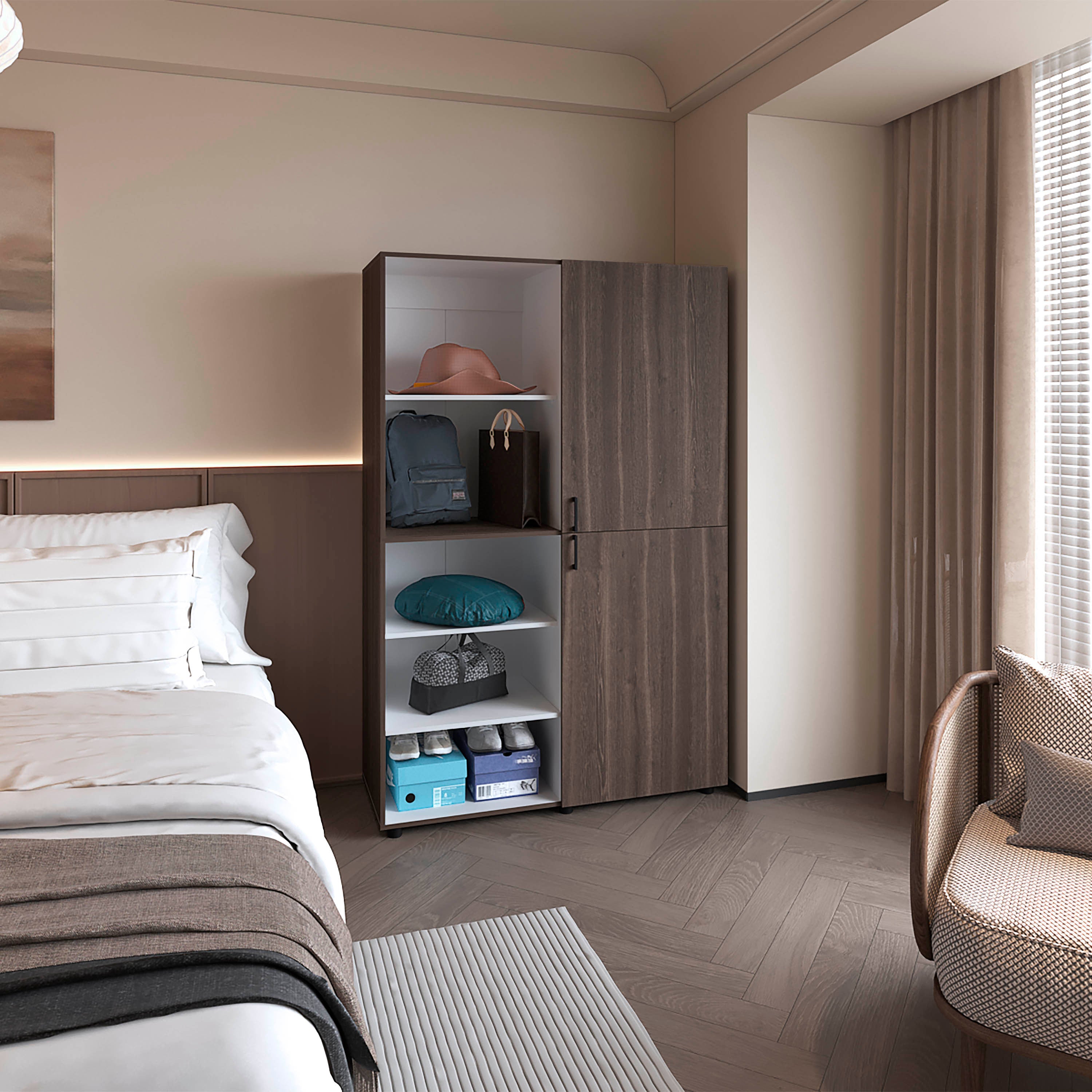 Ollie 2-Door Wardrobe with Open Storage, Grey Walnut and White