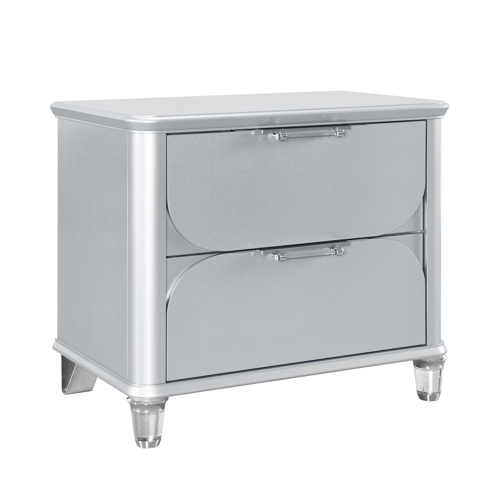 LAURA Silver Nightstand with Sleek Frame and Textured Fronts in Glass Finish