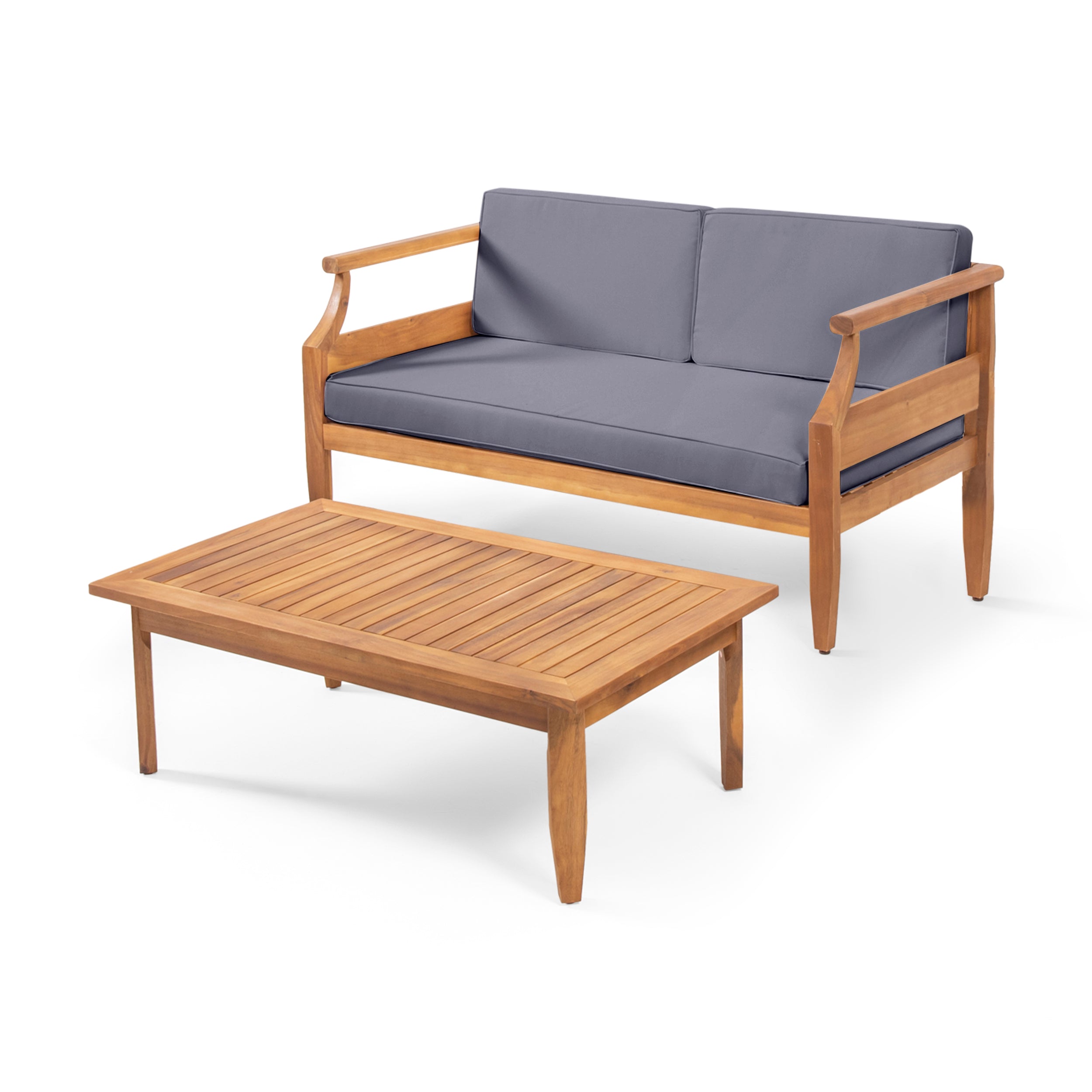 Aston Teak Brown 2-Piece Wood Outdoor Patio Conversation Seating Set with Cream Cushions