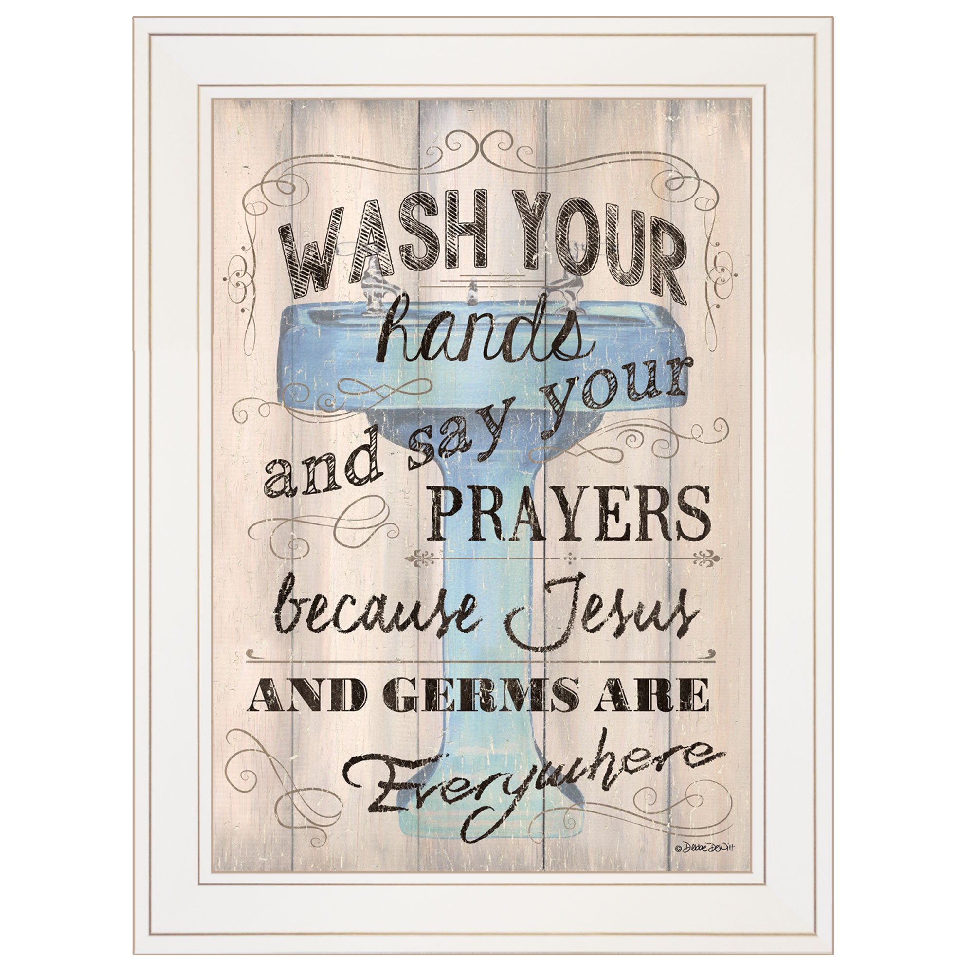 'Bathroom Humor' by Debbie DeWitt, Ready to Hang Framed print, White Frame