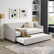 Twin Size Daybed with Twin Size Trundle Upholstered Tufted Sofa Bed, with Button on Back and Copper Nail on Waved Shape Arms, Beige (80.5'x41'x30.5')