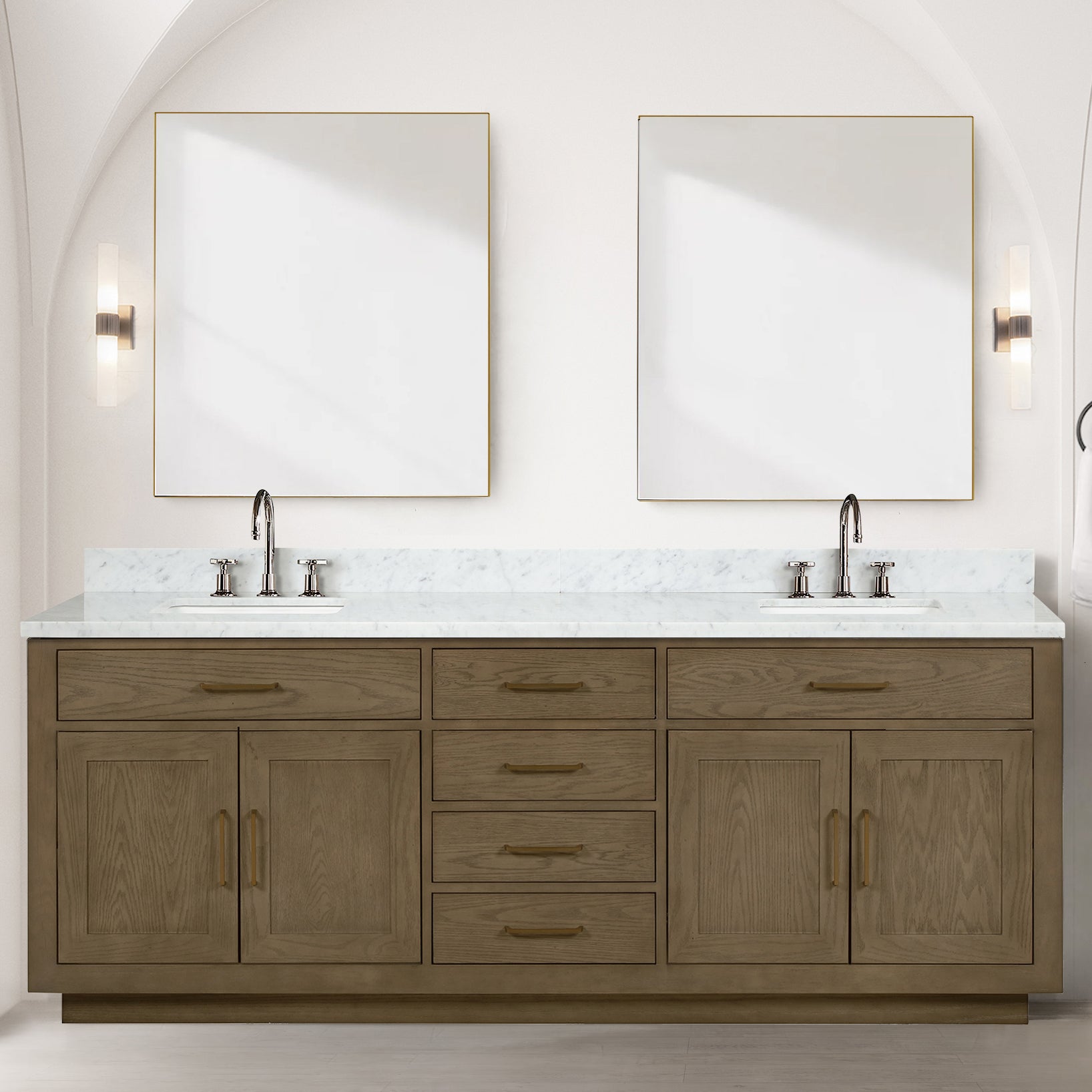 Grey Oak Double Bath Vanity 84 in. W x 22 in. D, with Carrara Marble Top