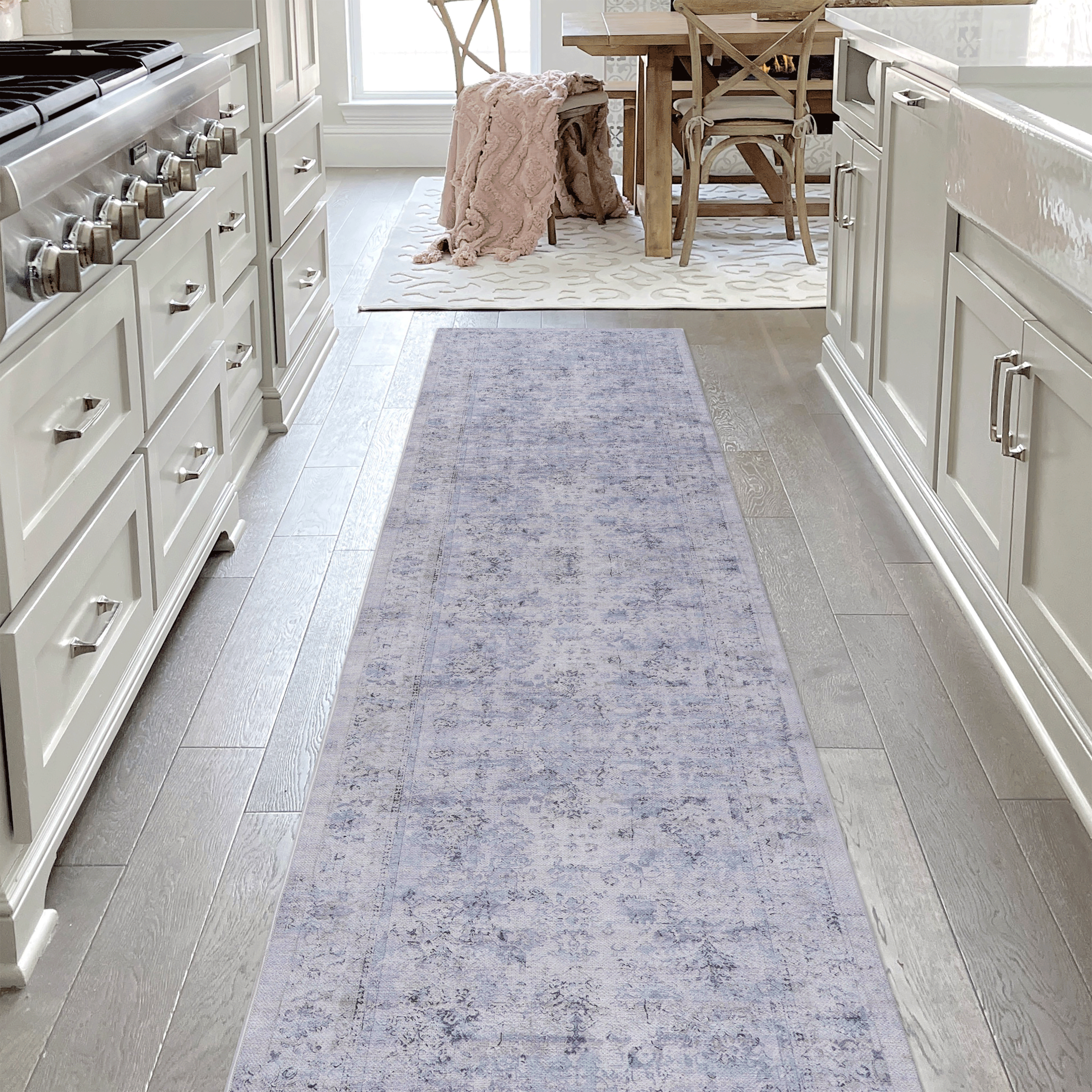 MAVAL Blue Washable Rug 2'6'' x 10' Runner Rug (Blue+Cream, 2'6'' x 10')