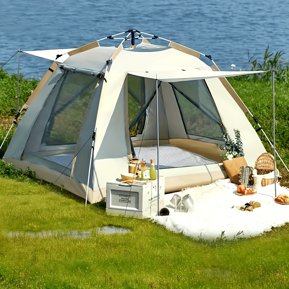 2-3 Person Family Camping Tent with Awning - Quick to Set Up, Windproof, All-Season Design with Mosquito Screen and UV Protection, Durable Oxford Fabric, Beige Multi-Layer Sunshade, Perfect for Outdoo
