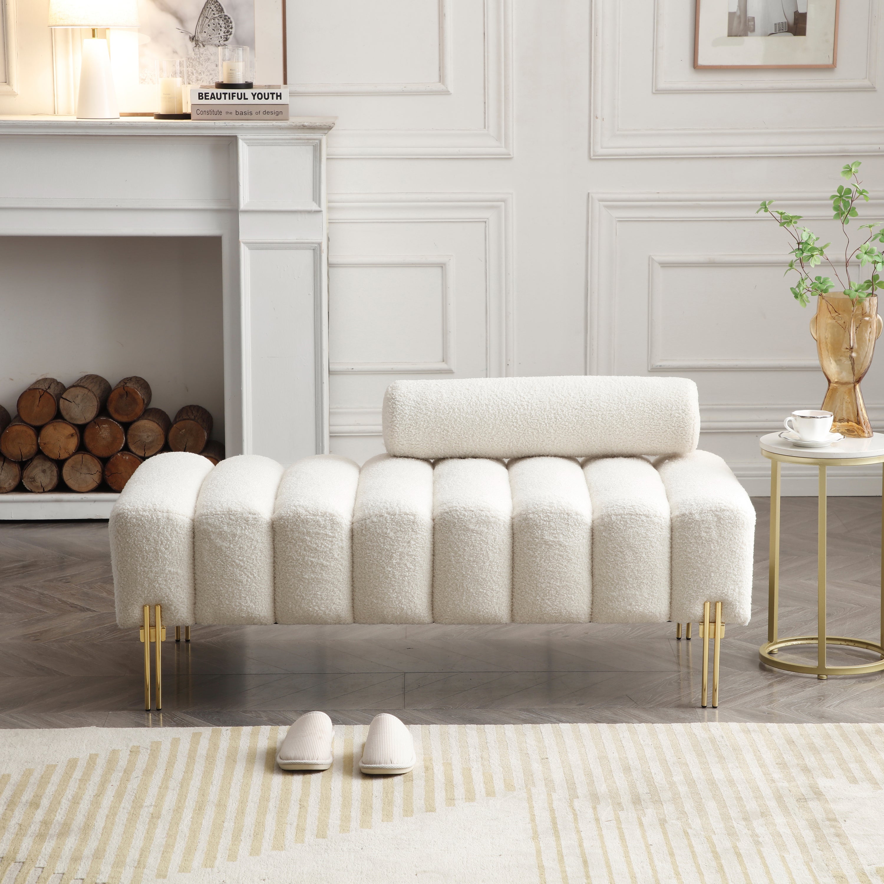 53.2'Width Modern End of Bed Bench Sherpa Fabric Upholstered 2 Seater Sofa Couch Entryway Ottoman Bench Fuzzy Sofa Stool Footrest Window Bench with Gold Metal Legs for Bedroom Living Room,Beige