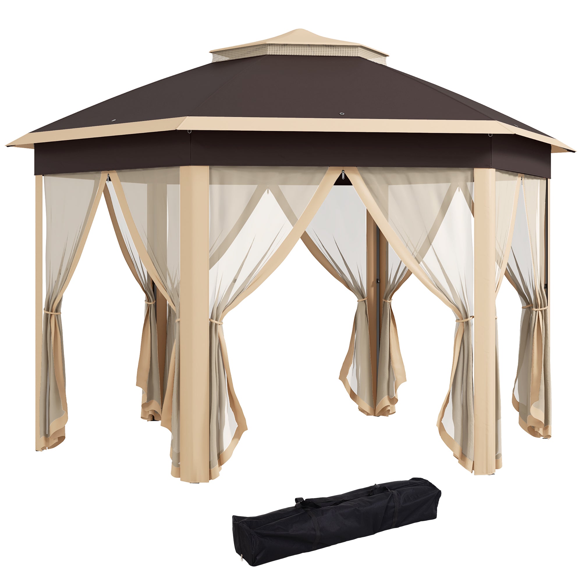 Outsunny 13' x 13' Pop Up Gazebo, Hexagonal Canopy Shelter with 6 Zippered Mesh Netting, Event Tent with Strong Steel Frame for Patio, Backyard, Garden, Wedding, Party, Beige