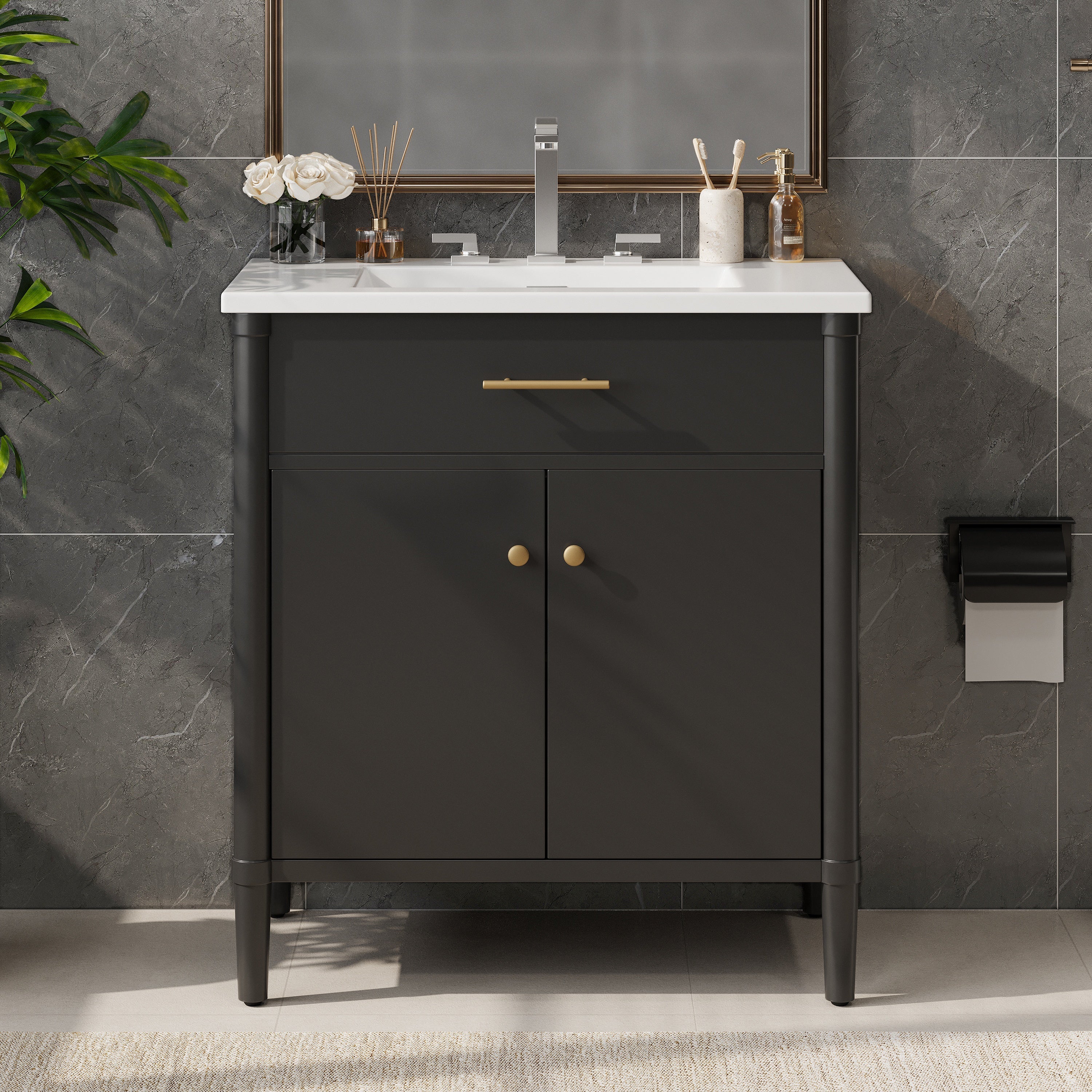 31' Bathroom Vanity with Sink, Bathroom Cabinet with Soft Close Doors and Adjustable Shelf, Curved Profile Design, Rubber Wood Legs, Black