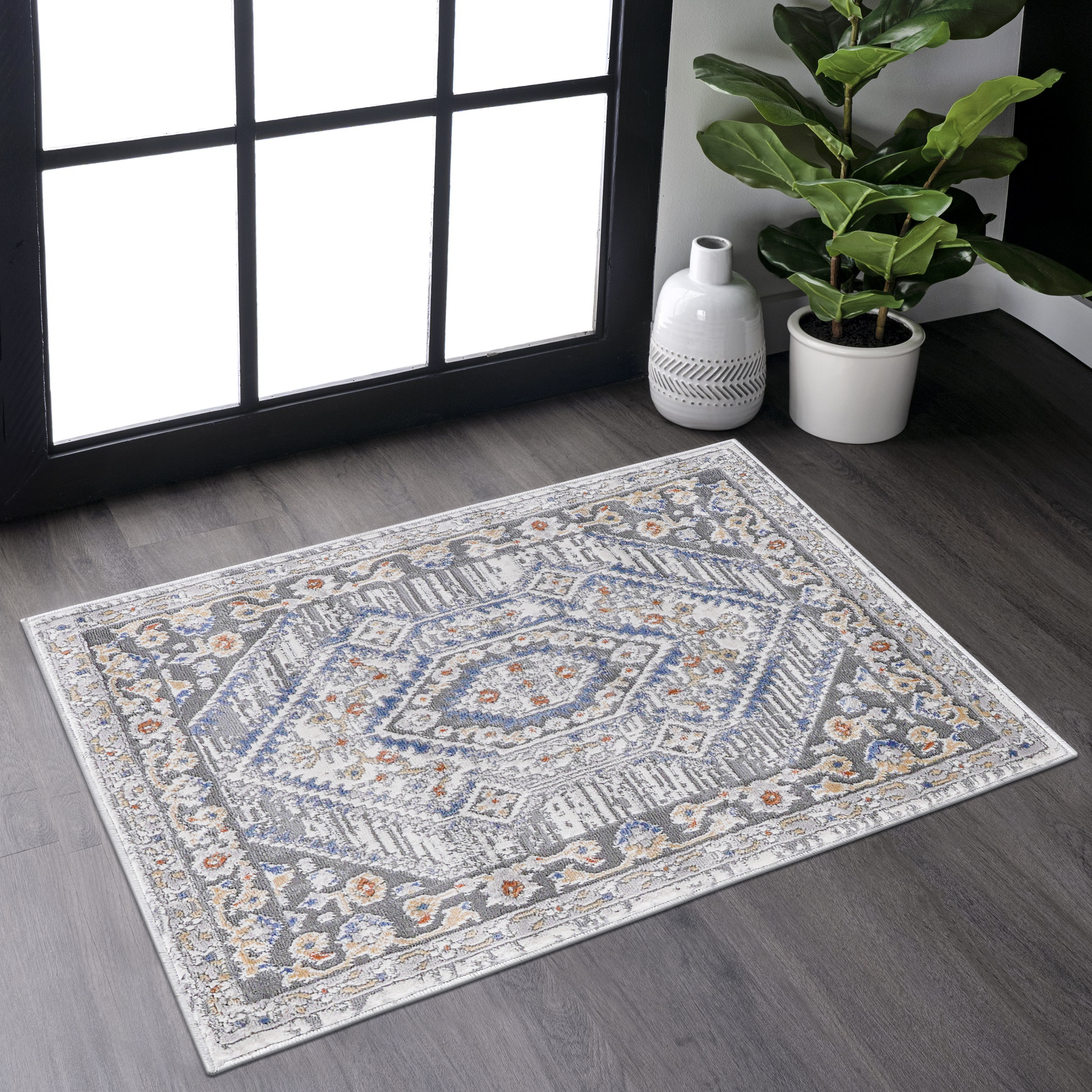LOOM & LUXE Collection 2X3 Blue/Cream/Bordered Non-Shedding Living Room Bedroom Dining Home Office Stylish and Stain Resistant Area Rug