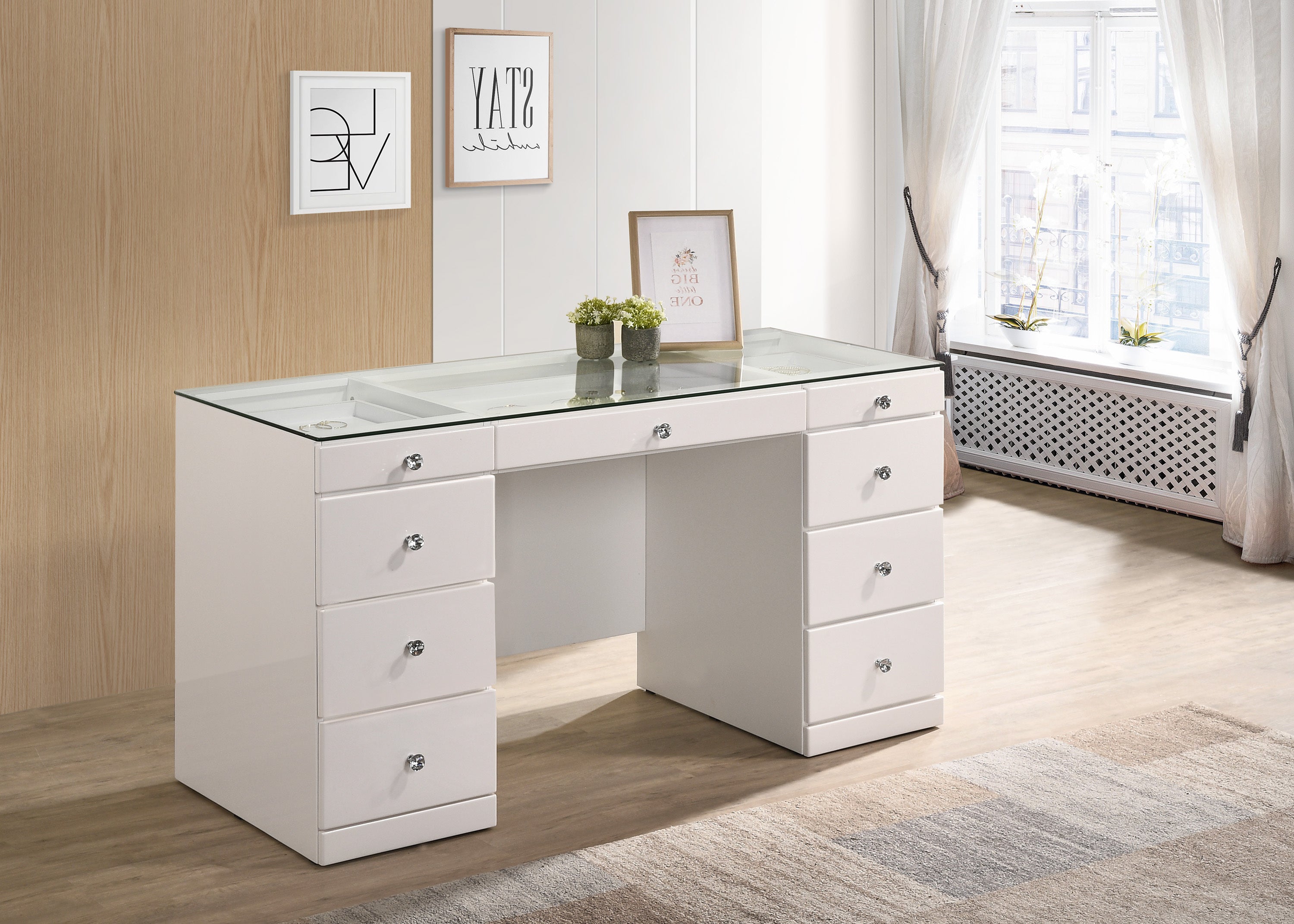 1pc Glam Makeup Vanity Table Glass Top 9 Drawers Knobs White Wooden Bedroom Furniture
