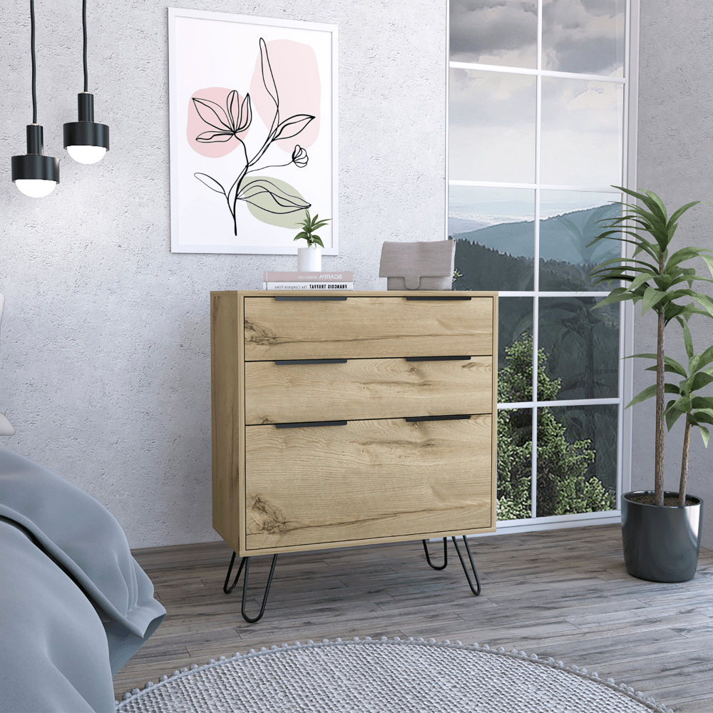 Light Dresser 35'H, Three Drawers, Superior Top, Hairpin Legs, Light Oak