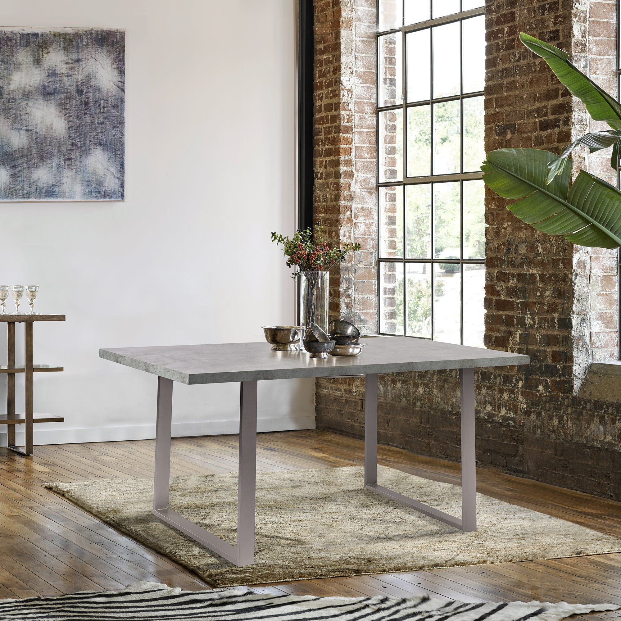 Orelis Dining Table with Cement Gray Laminate Top and Brushed Stainless Steel Base