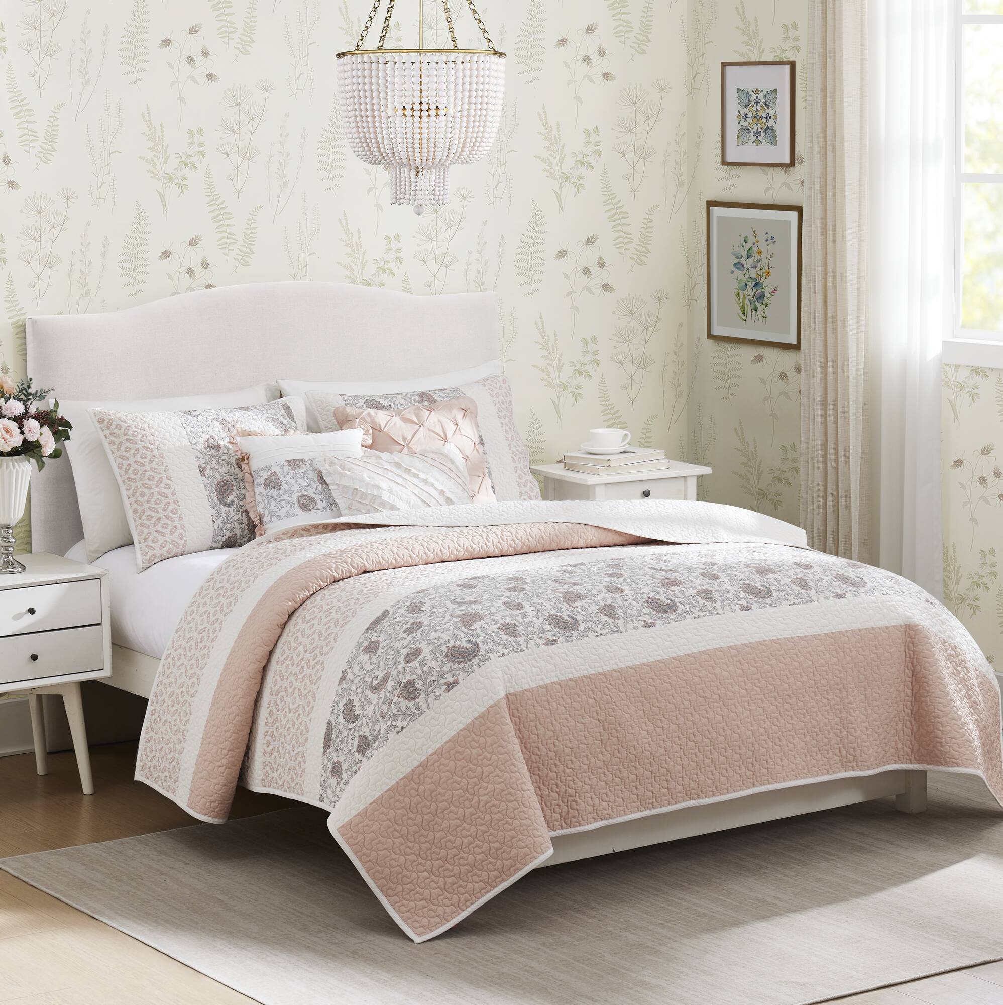 6 Piece Cotton Percale Quilt Set with Throw Pillows Blush King/Cal King