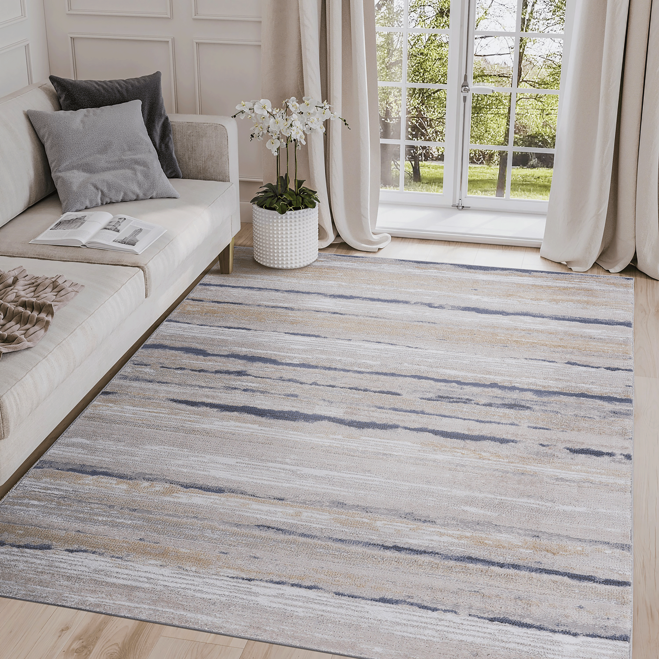 LOOM & LUXE Collection 6X9 Ivory/Blue /Striped Non-Shedding Living Room Bedroom Dining Home Office Stylish and Stain Resistant Area Rug