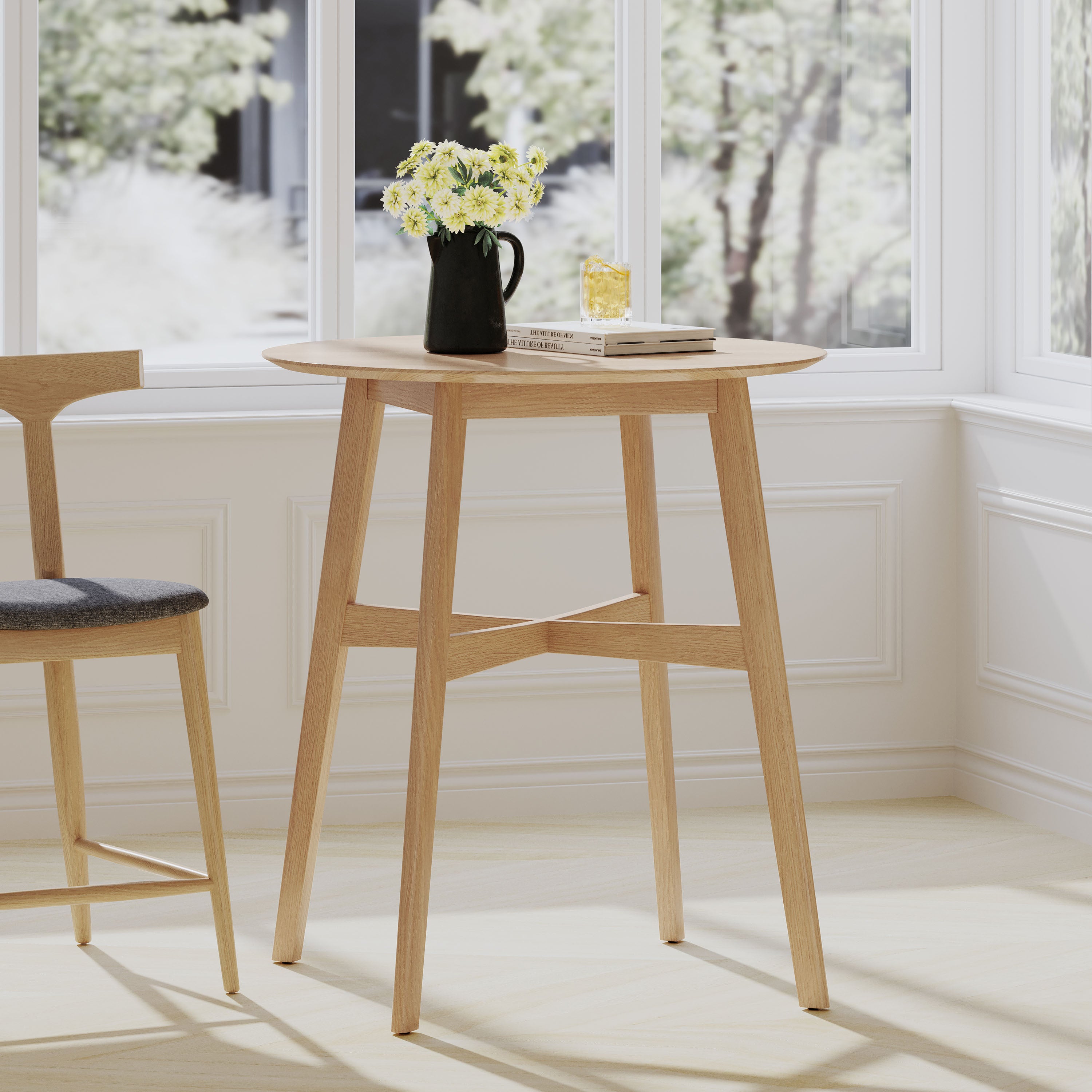 Wood Counter Height Round Dining Table, Natural Oak Finish, 35.4'D x 35.4'W x 36'H