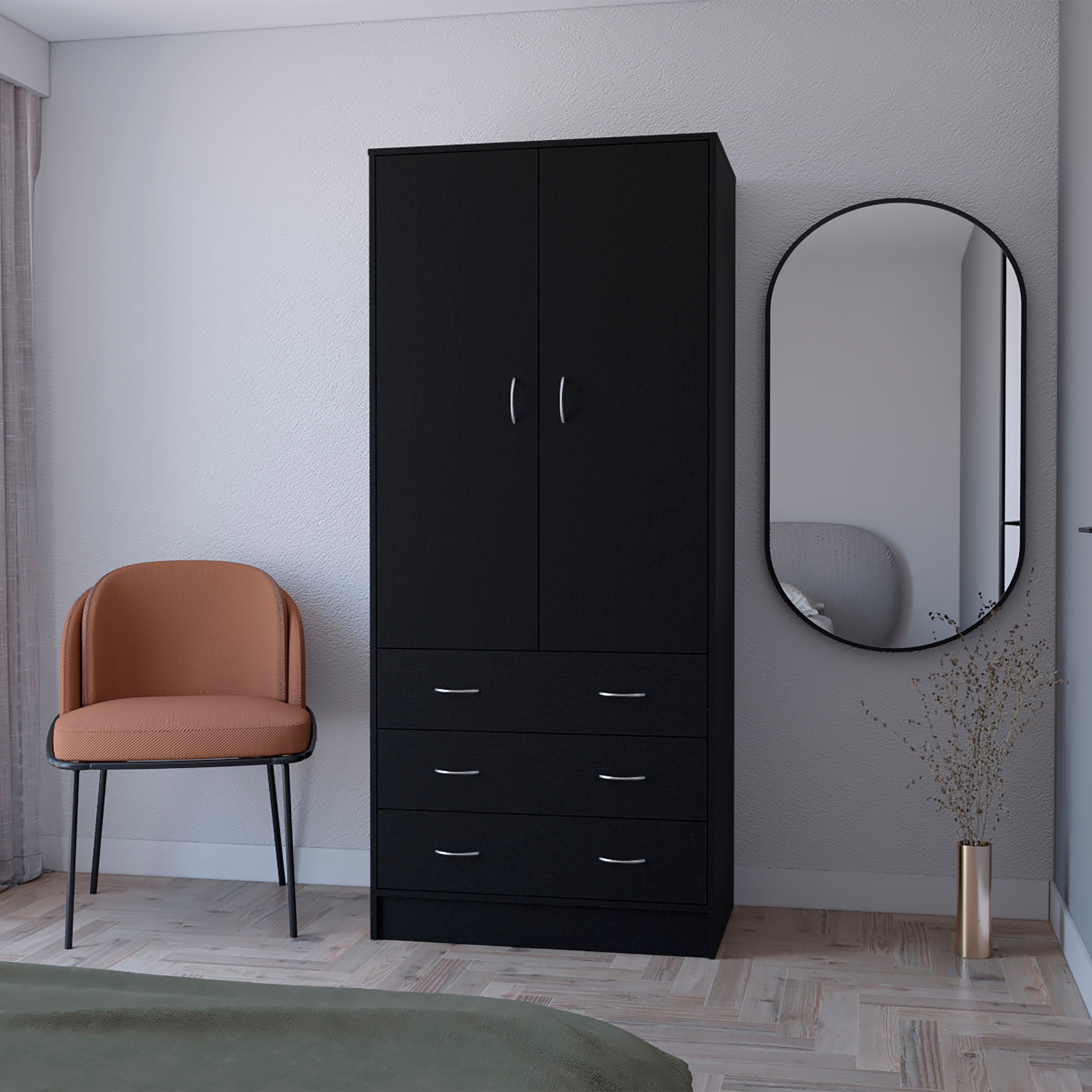 FM FURNITURE  Prescott Armoire, with 2 doors, 3 drawers and 1 hanging rod, Black