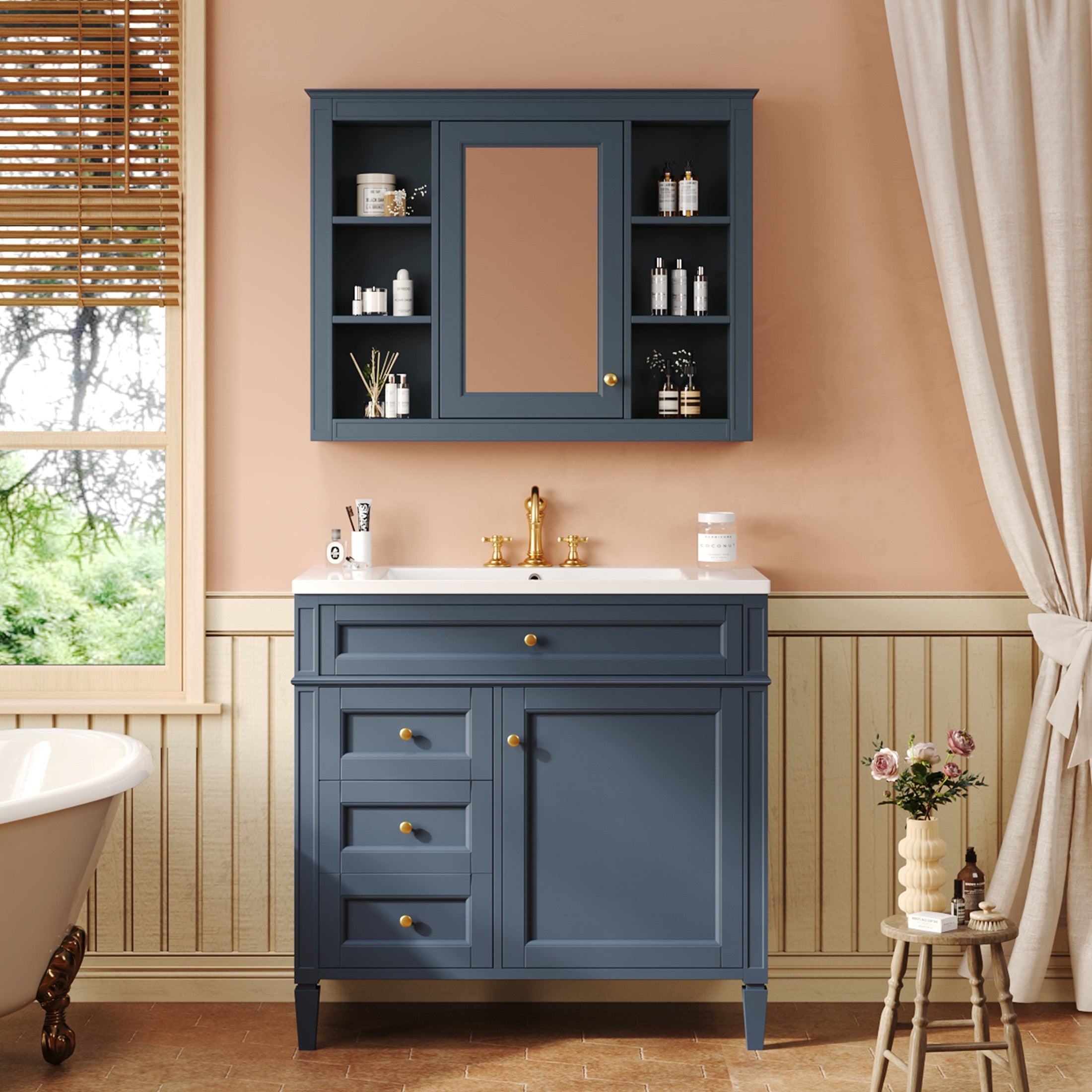 36'' Bathroom Vanity with  Medicine Cabinet, Modern Bathroom Storage Cabinet with 2 Soft Closing Doors and 4 Drawers, Single Sink Bathroom Vanity