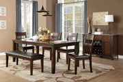 Cherry Finish Classic 6pc Dining Set Wooden Table w Draw Leaf Bench and 4 Side Chairs Faux Leather Upholstered Durable Furniture Transitional Style Ladder Back