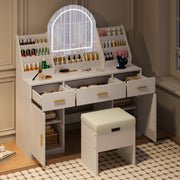 47.2' Makeup Vanity with Mirror and Light, Vanity Desk with Cushioned Storage Stool, Dressing Table with Two Organizers,3 Drawers and 2 Cabinets for Bedroom, White