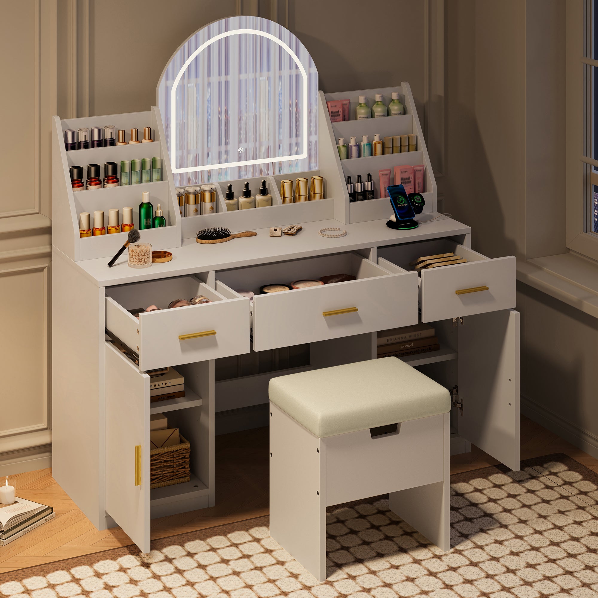 47.2' Makeup Vanity with Mirror and Light, Vanity Desk with Cushioned Storage Stool, Dressing Table with Two Organizers,3 Drawers and 2 Cabinets for Bedroom, White